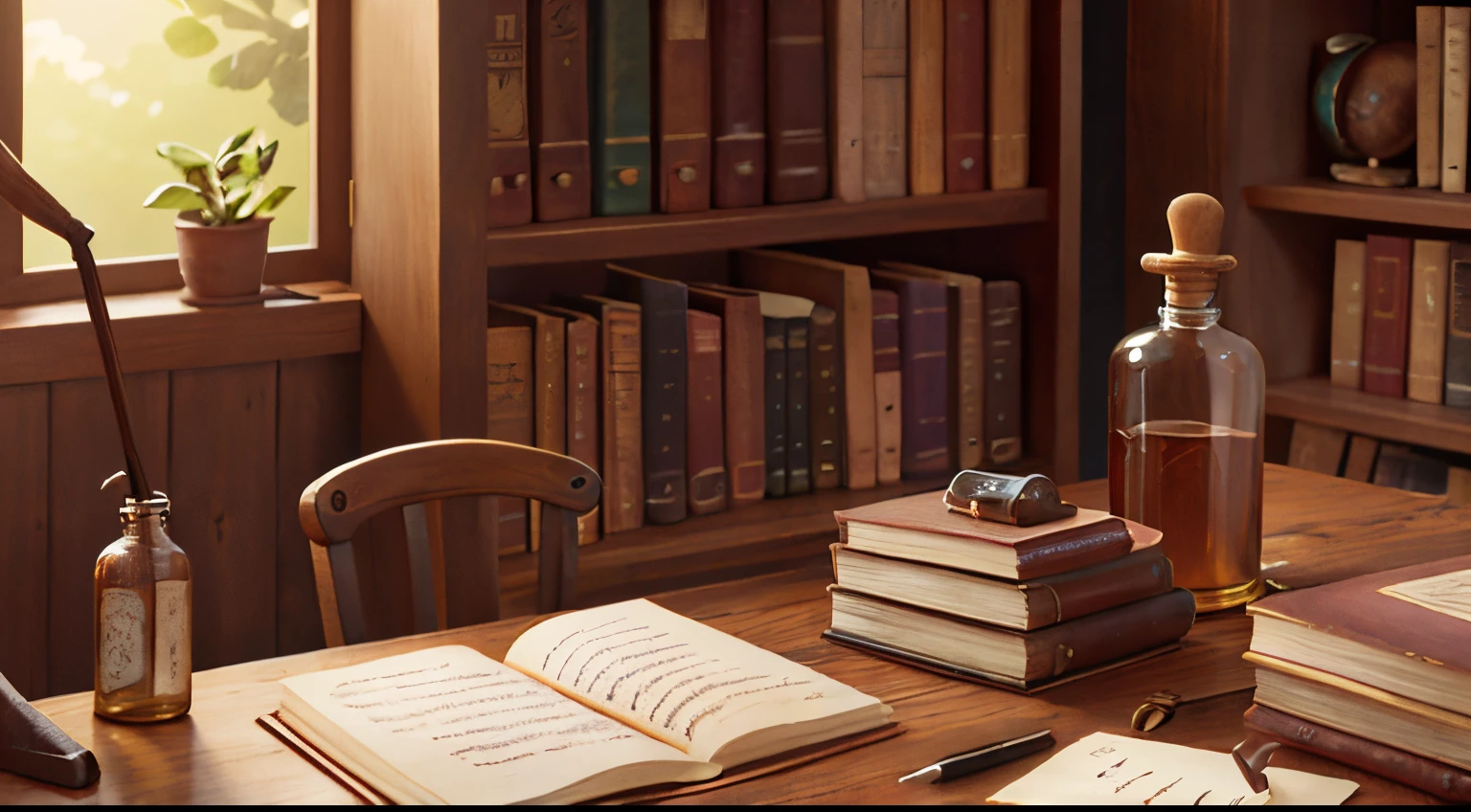 a desk, a letter,paper,quill pen, ink bottle, vintage feel, wooden desk, sunlight, handwriting, calligraphy, antique, traditional, nostalgic, a stack of books, a bookmark, bookshelf