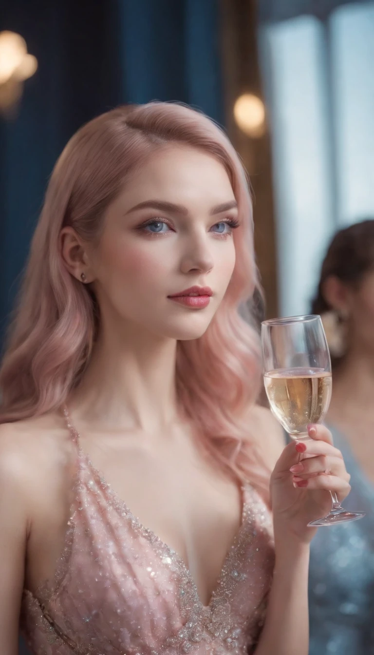 (A woman who is,pretty  face,Long eyelashes,Pink Long Hair,Blue pupil,Gem Necklace,Low-cut evening dress,holding a glass of champagne,Red evening dress,starrysky,Elegant,Surreal art)