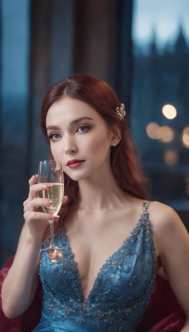 (A woman who is,pretty face,Long eyelashes,Pink Long Hair,Blue pupil,Gem Necklace,Low-cut evening dress,holding a glass of champagne,Red evening dress,starrysky,Elegant,Surreal art)