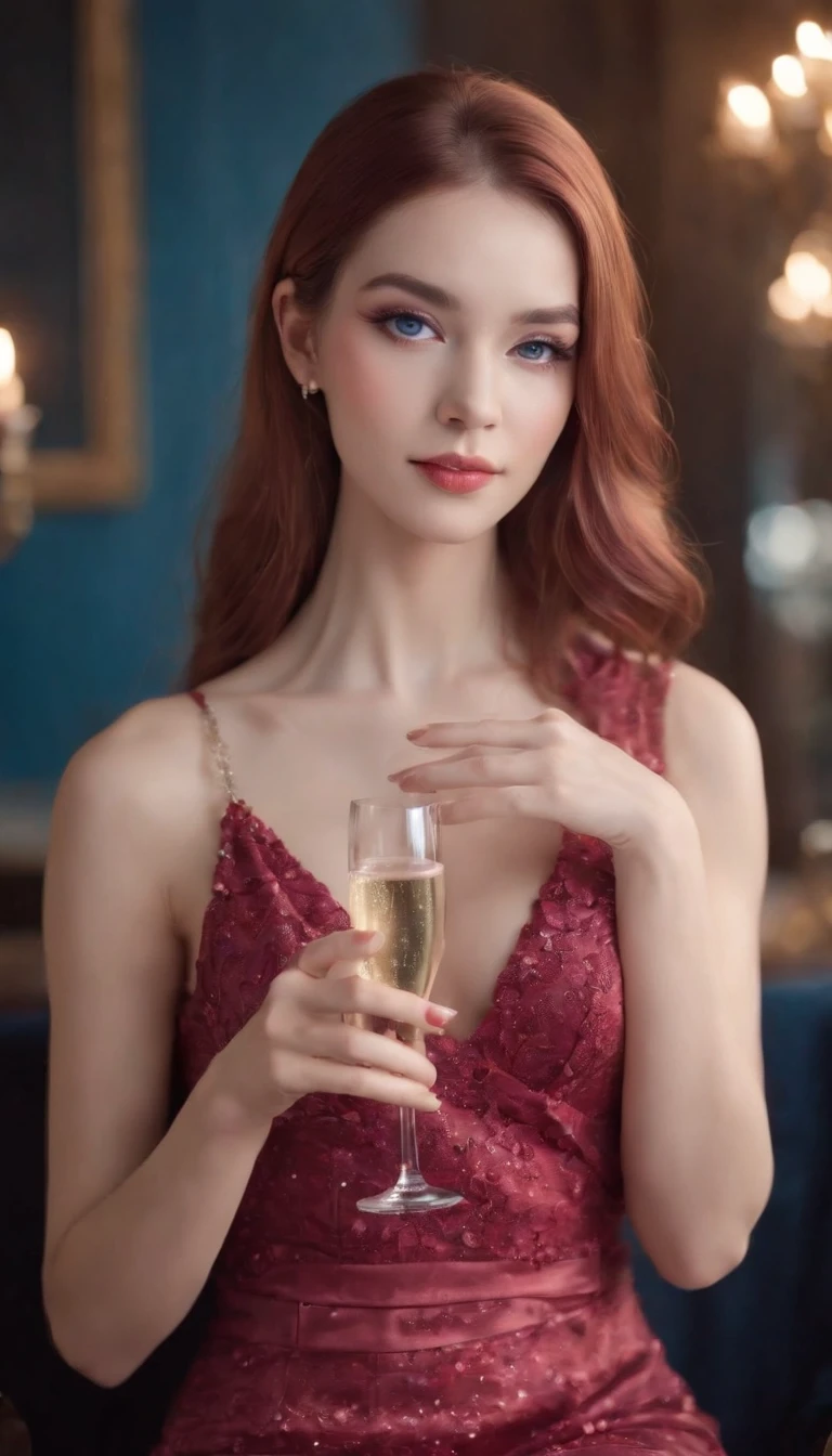 (A woman who is,pretty face,Long eyelashes,Pink Long Hair,Blue pupil,Gem Necklace,Low-cut evening dress,holding a glass of champagne,Red evening dress,starrysky,Elegant,Surreal art)