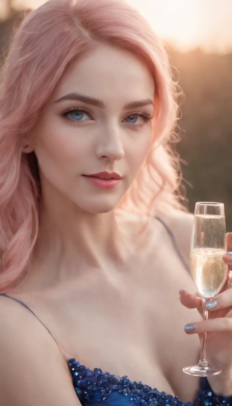 (A woman who is,pretty face,Long eyelashes,Pink Long Hair,Blue pupil,Gem Necklace,Low-cut evening dress,holding a glass of champagne,Red evening dress,starrysky,Elegant,Surreal art)
