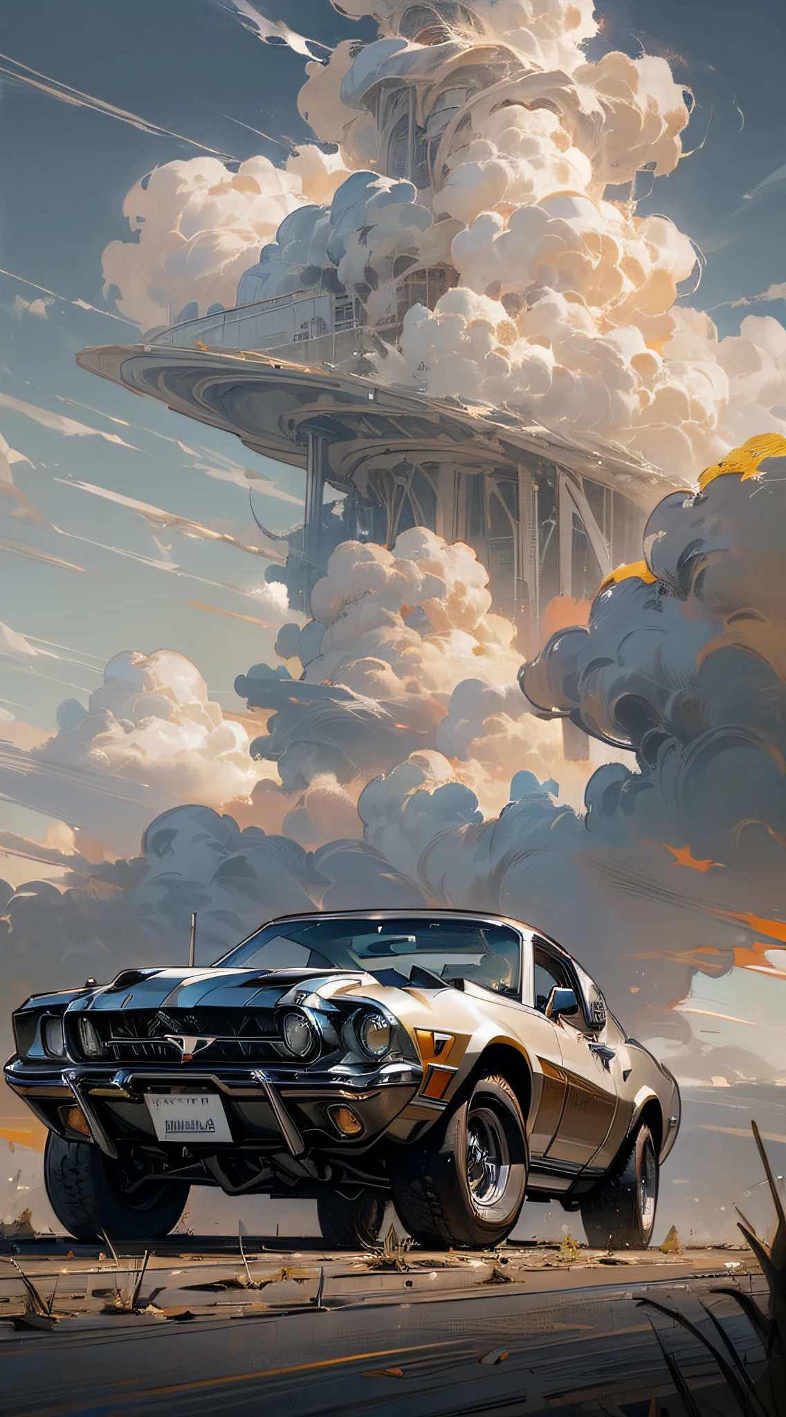 ((Top  Quality)), ((​masterpiece)), (Detailing),(Detailed Cloudscape:1.3), (high resolucion:1.2),((Ford Mustang 1970)),Apocalypse,daoshi,off road,off-road car