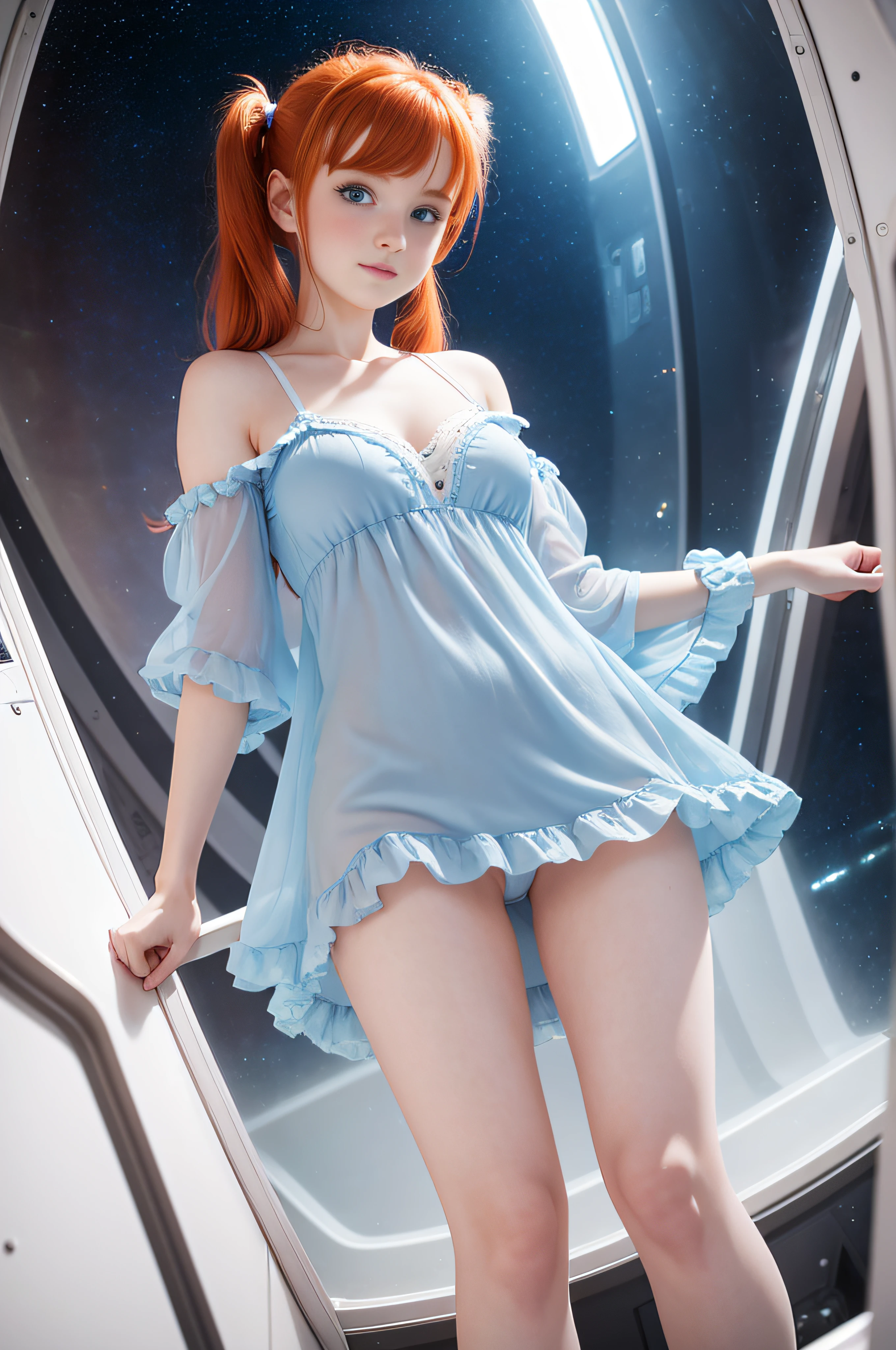 cute redhead 18-year-old woman, happy, in twin tails, perfect blue eyes, pale goth skin, silky smooth skin, standing on a space ship, wearing a pastel blue (sheer) nightgown, frilly nightgown, cute white panties and bra underneath her nightgown, panties showing, wearing full body pantyhose.