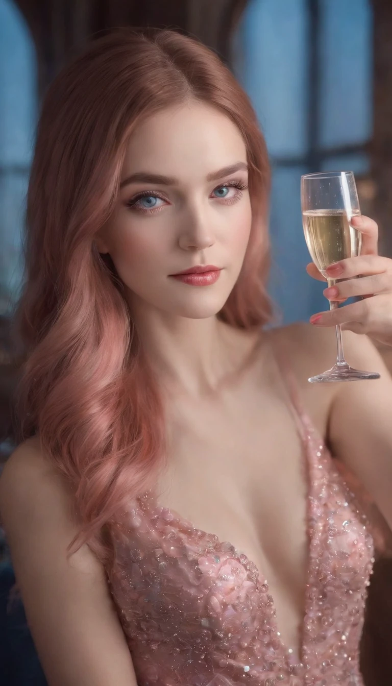 (A woman who is,pretty face,Long eyelashes,Pink Long Hair,Blue pupil,Gem Necklace,Low-cut evening dress,holding a glass of champagne,Red evening dress,starrysky,Elegant,Surreal art)