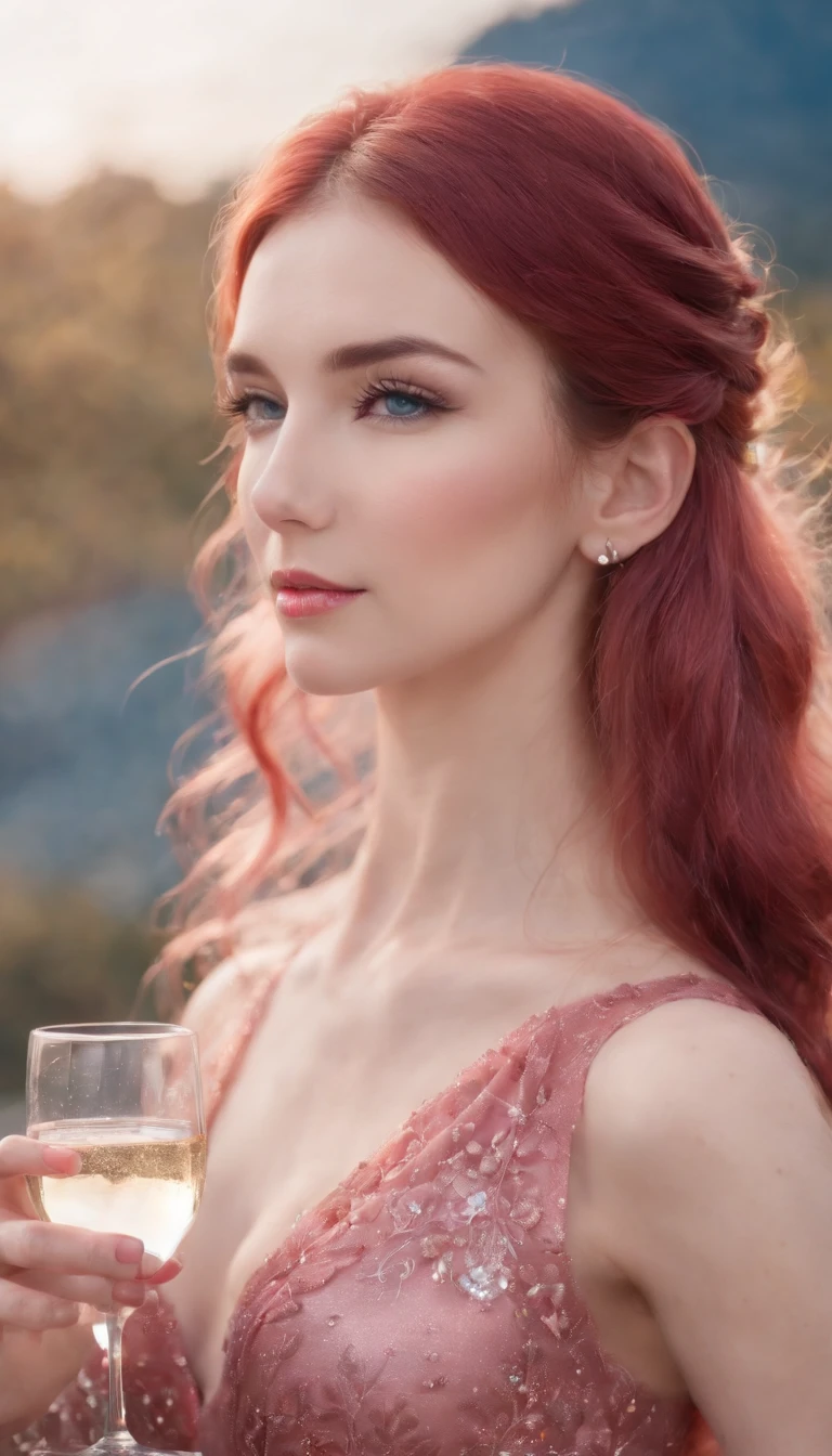 (A woman who is,pretty face,Long eyelashes,Pink Long Hair,Blue pupil,Gem Necklace,Low-cut evening dress,holding a glass of champagne,Red evening dress,starrysky,Elegant,Surreal art)