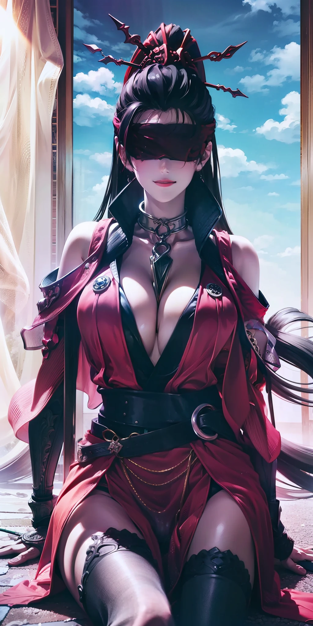 beautiful eyes,god rays, silk, indoors,blindfold, hair ornament,red dress, bun, hair sticks, black hair, sit, spread legs,
jewelry, hands on chest,see-through, looking at viewer, hair ornament, choker, shy, smile,
(masterpiece, top quality, best quality, official art, beautiful and aesthetic:1.2), (1 girl), extreme detailed, colorful, highest detailed,
(huge breasts:1.2,) upper body, from bleow, cameltoe, white panties, skirt lift,
china city,street, sun, cloud, wall, leaning,