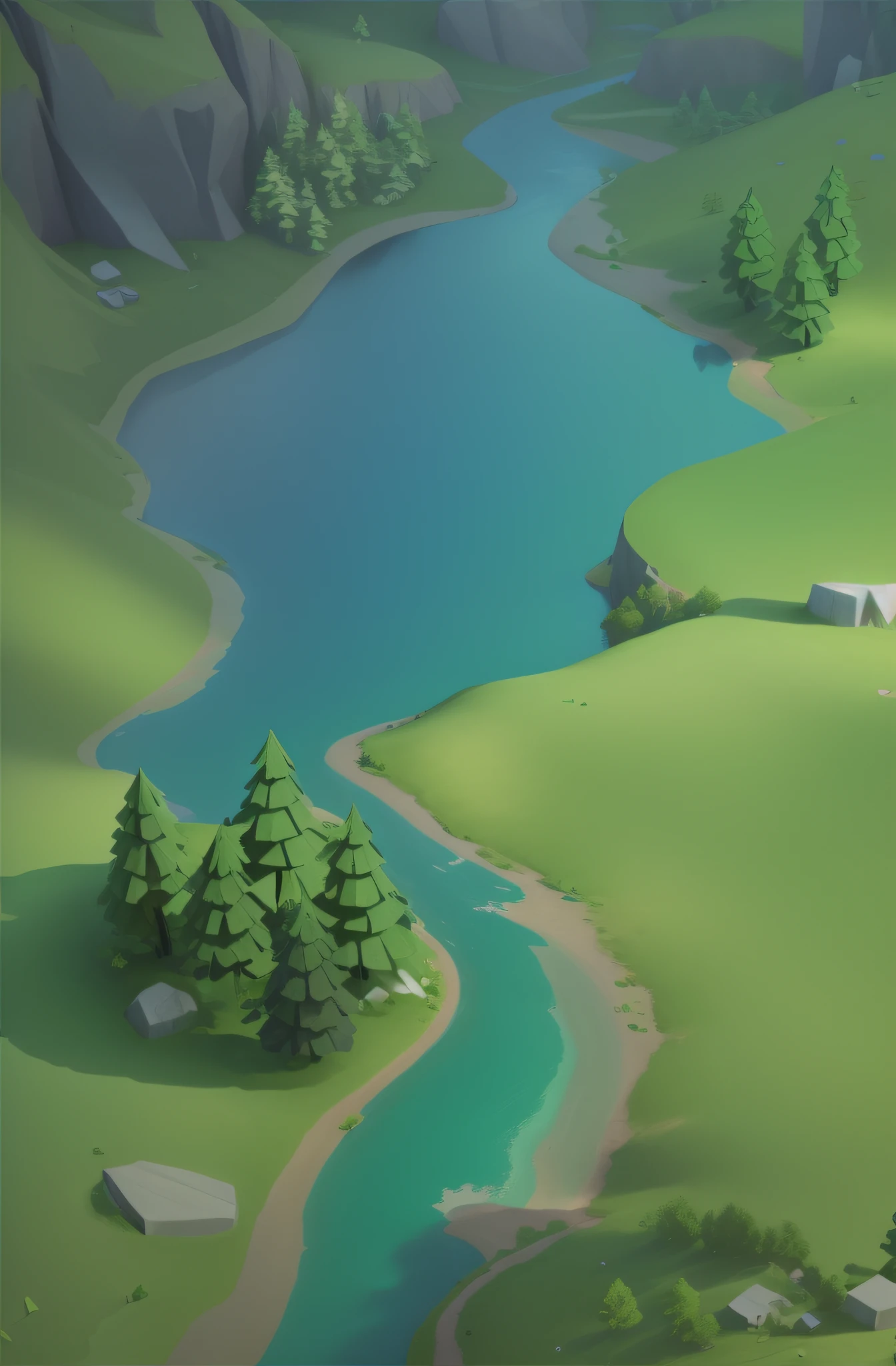 Close-up of the landscape,There are rivers,There are trees, There is a reflection in the river,Clear river water,a 3D render, stylized 3d render, lowpoly landscape, High quality low-poly art, super detailed color lowpoly art, stylized game art, stylized 3d render, stylized concept art, low poly, stylized shadow