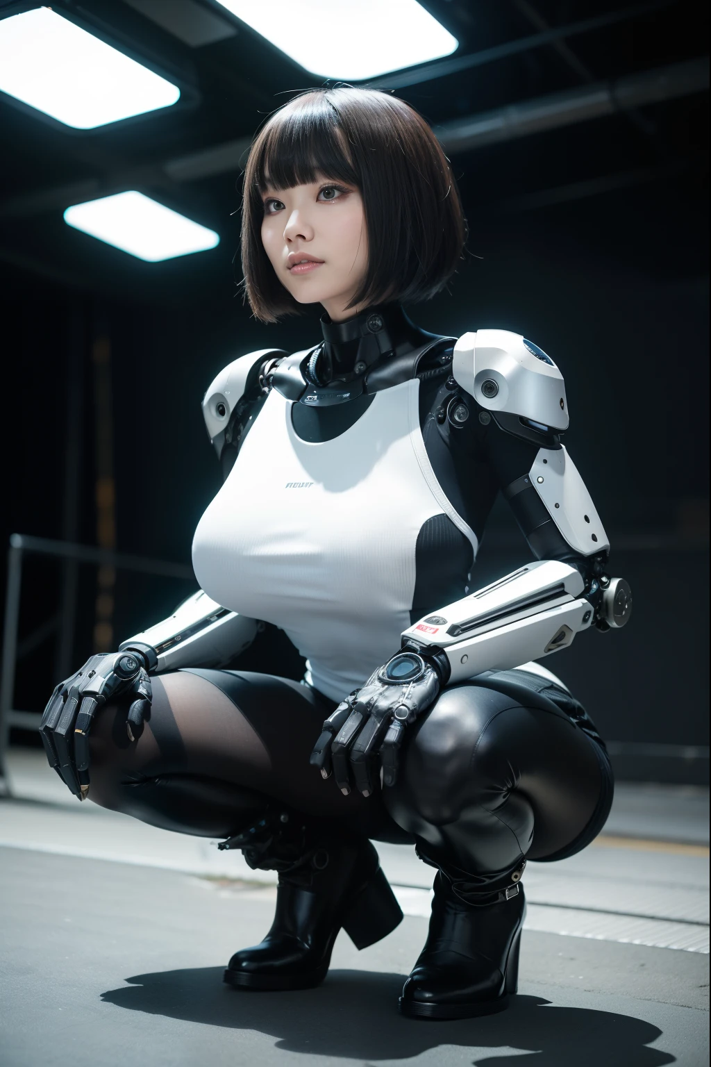 masterpiece:1.2,high quality), One girl, ((Ultra-Realistic Details)), ⦅whole body⦆Global Illumination, Shadow, Absurd, Octane Rendering, 8K, Ultra Sharp, Metal, Complex, Decorations detailed, highly Complex details, Yellow Eyes, (Mechanical body:1.2), ((A clean and pretty face)), (Costume torn), (I can see your chest)、Equipment, Bobcut, (robot, Android:1.15), Broken clothes、Girl Warrior、In combat