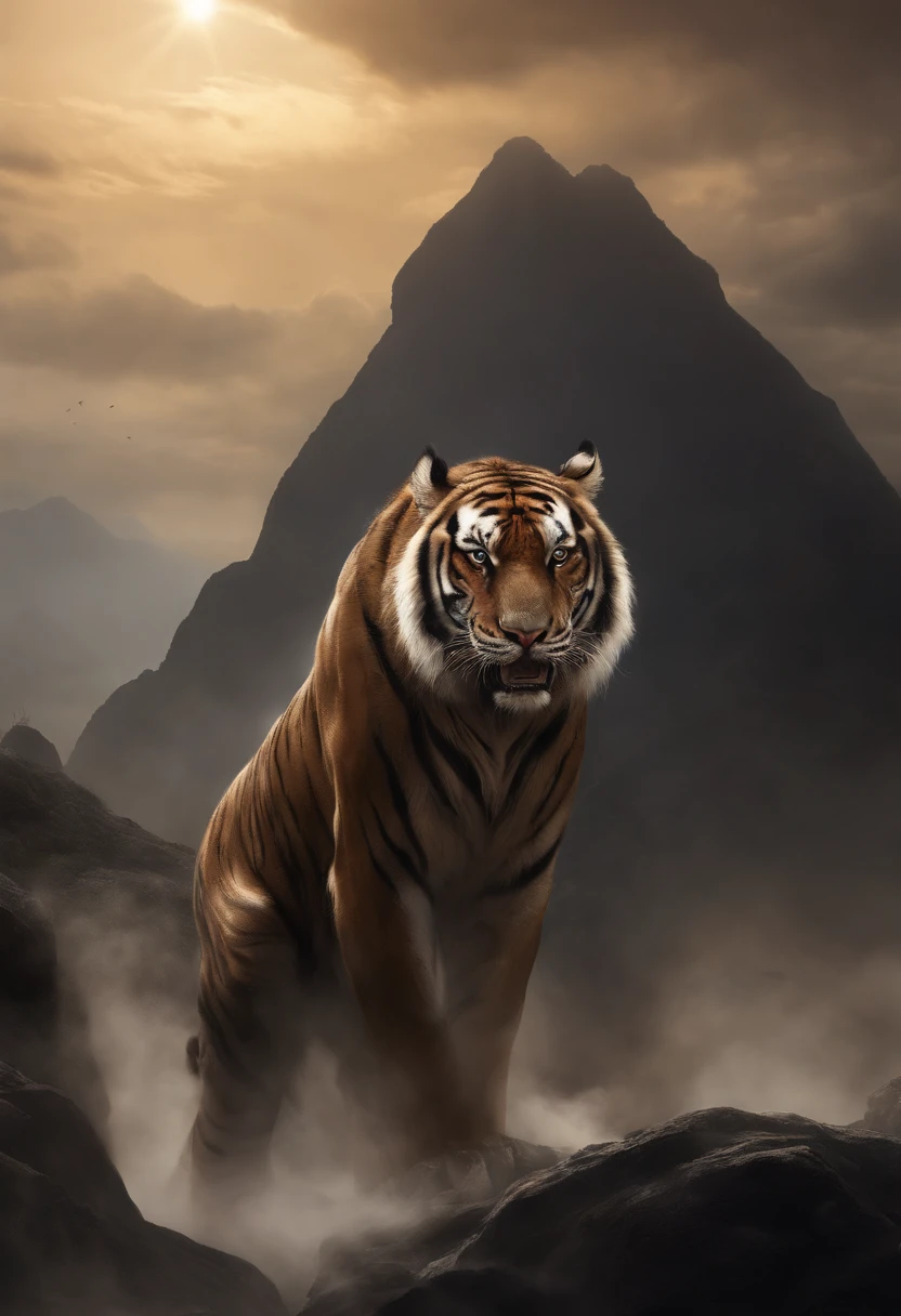 Qiongqi is《Mountain and Sea Sutra》a ferocious beast in,Its image is very unique。It has black fur,body shape like tiger,But it's much bigger than the average tiger。Its head has a pair of long horns,sharp horn,Like a sword。Its eyes are shining,Flashing with a fierce light。It has a pair of huge wings on its back,When unfolding, it is like dark clouds covering the sky,Gives people an incomparable sense of oppression。Qiongqi’s limbs are strong and powerful,Every time you jump up, you can bring up a gust of wind。Its tail is long and thick,as hard as an iron rod。Qiongqi’s mouth is full of sharp teeth,Easily tear prey apart with every bite。generally,Qiongqi is a kind of ferocious appearance,powerful monster,Giving people an overwhelming sense of fear。, 8k ultra high definition, Best quality at best, Highest high resolution