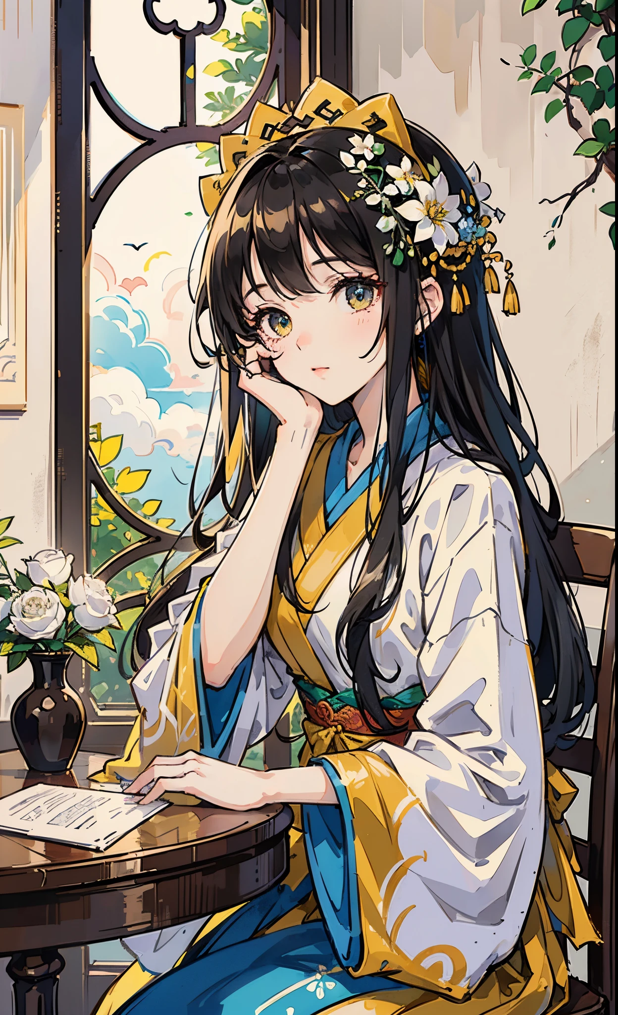 A girl (wearing a goose yellow Hanfu, black long hair, sweet and cute) is sitting at a table, looking at the white flowers and trees outside the window. The sky is blue with white clouds, natural light, ink painting style, masterpiece, ultra high definition resolution --auto --s2