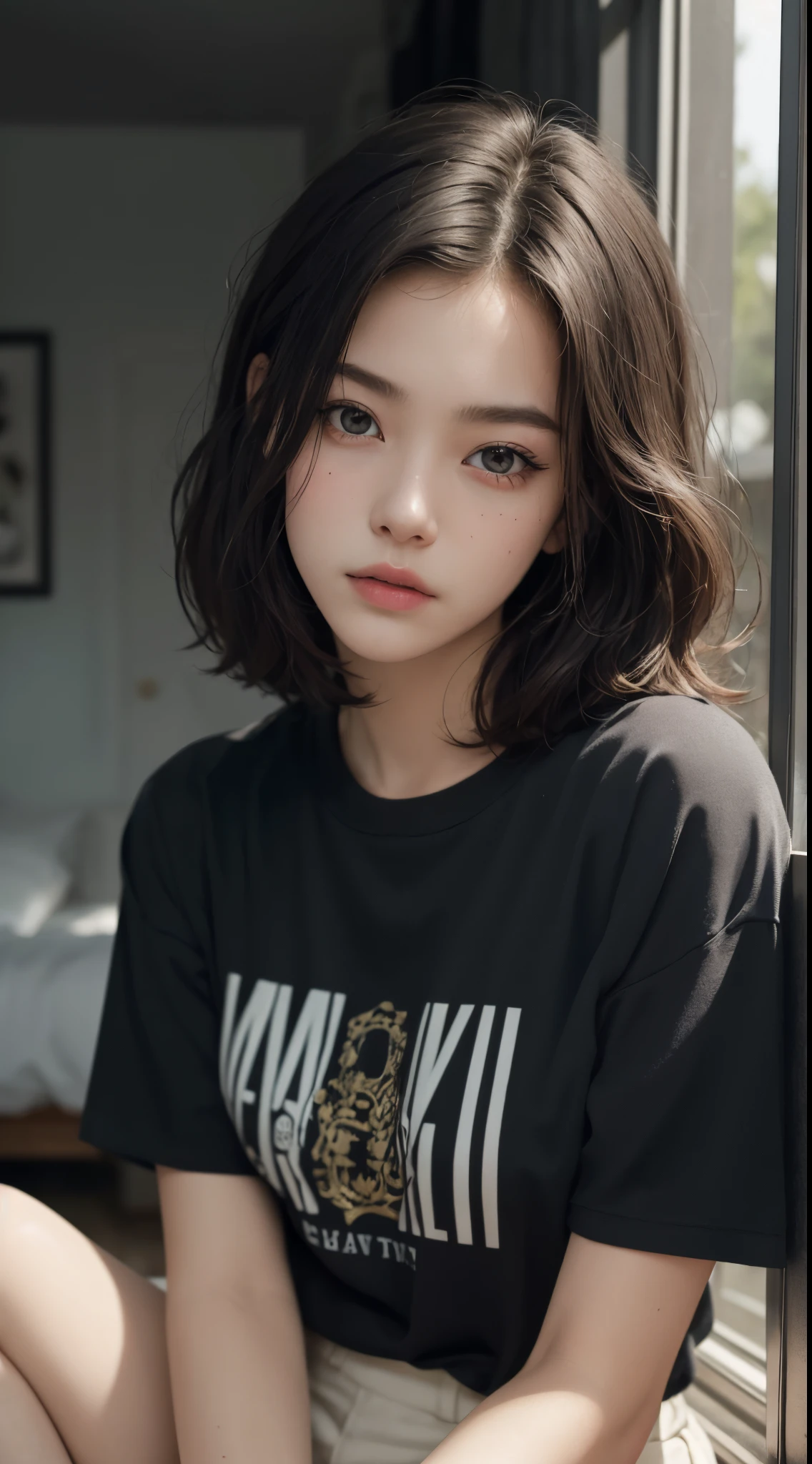 masterpiece, best quality, realistic, highly detailed, 1girl, solo, (body shot), different eyes color, short hair, black hair, glasses, large breast, ((black stylish T-shirt)), sit on window, scar on eyes, Lips pierced, ((tatto on neck)), beautiful girl, A tomboy face, Flat face without expression, bedroom background, detail eyes, detail hair, perfect lighting