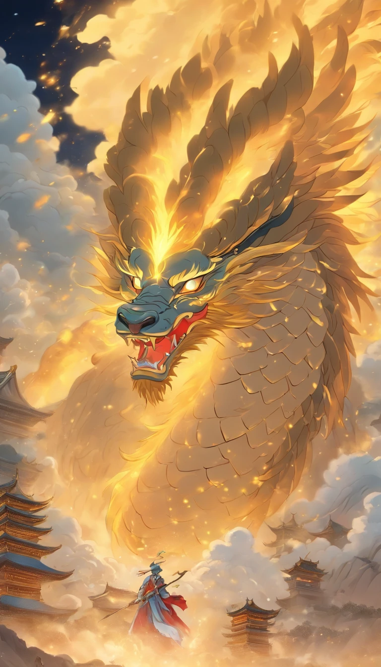 sky dragon god, gentle gaze, fantastic background, moonlight background, sea of ​​clouds background, golden splashes, mysterious, sacred light, mythical creature, traditional Chinese dragon, mythology, speckled light, hazy haze, mysterious aura, masterpiece, fantastic and graceful dragon, good luck, fantasy art