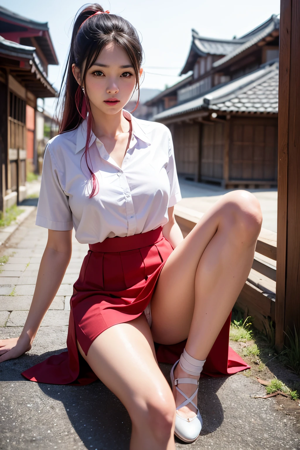 Photorealsitic、Background of Edo Town、hight resolution、very detailed depiction、foreshortening, Perfect Anatomy, Correct anatomy, perfectly proportions, Perfect face, Perfect hands, Perfect legs, Perfect fingers、amazing shading, High contrast, Realistic, photographrealistic, Raw photo, Photography, superfine illustration、独奏、front facing、A 26-year-old beauty with a beautiful face、Her eyes are long and pink.、long pink hair in a ponytail tied with a yellow ribbon、Wearing a white short-sleeved shirt under a red dress、Please wear a long red skirt with a slit、Sit on the ground、open leg towards this、Skirt twisted、White underwear is visible、Looking at the camera、perplexed look