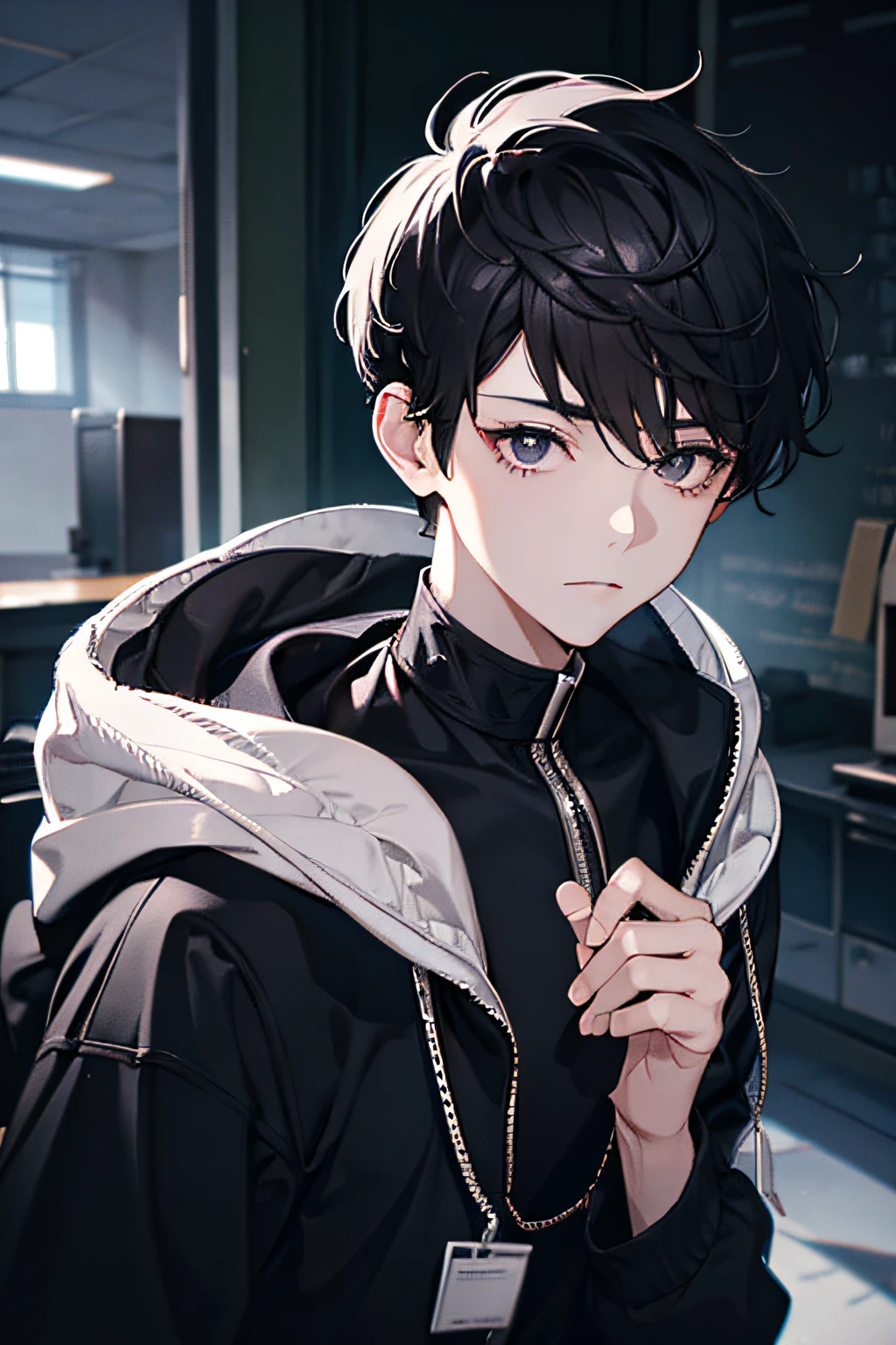 boy，Short hair，Differential crushed cap hairstyle，Black hair，Pure black eyes，There is a small black mole right under the right eye，Wear hoodies and jackets，inside in room，Lighting