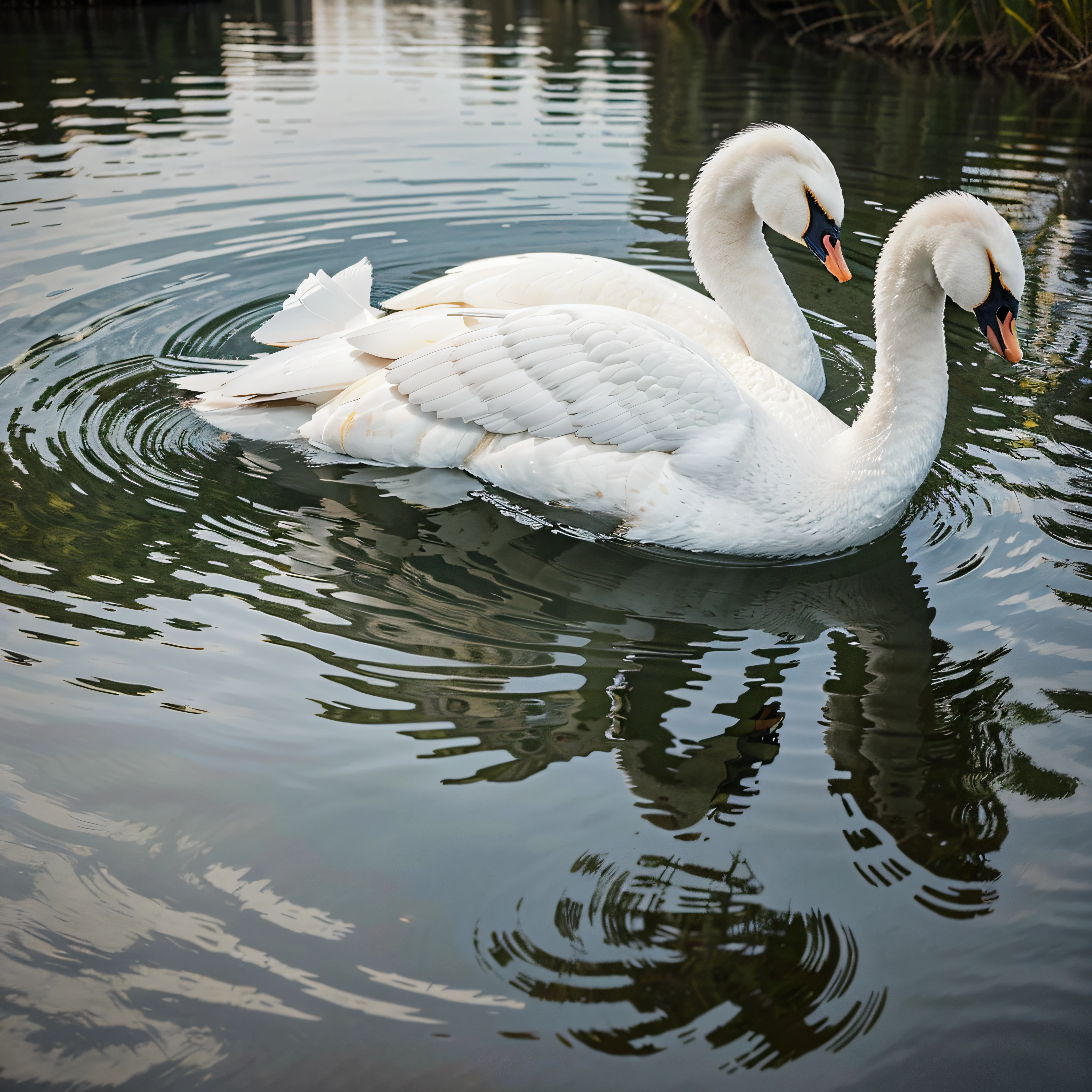 **Image Creation Prompt with Maximum Quality Artificial Intelligence, Advanced Detail Levels and Cinematic Style - Swan on the Pond:**

"Please create an image with maximum quality, focusing on the elegance of a swan in its serene environment, a pond. We are looking for a realistic and cinematic representation, where the swan is portrayed in an imposing manner, highlighting its white plumage in contrast to the aquatic landscape around it.
   - Make sure the swan is portrayed realistically, with plumage rich in details and nuances that capture the softness and elegance of this majestic bird.
   - Explore the texture of the feathers, highlighting their softness and shine.
   - Place the swan in a tranquil pond, using cinematographic techniques to create a serene atmosphere. Capture the swan's reflection in the water and the soft light reflecting off the surface.
   - Highlight elements of the aquatic landscape, such as aquatic plants and small ripples in the water.
   - Explore poses that express the grace and serenity characteristic of swans. Whether in a moment of smooth sailing across the pond or elegantly resting on the shore, highlight the natural beauty of their posture.
   - Ensure that the image reaches advanced levels of detail, allowing you to visualize the textures of the feathers, the reflections in the water and all the elements that make up the scene.
   - Emphasize the nuances of light and shadow to create a captivating visual effect.
   - Use a cinematic style that transports the viewer to the tranquillity of the pond, highlighting the swan as the protagonist of this scene of serenity and elegance.
   - Explore compositions that convey a sense of peace and timeless beauty.
   - The quality of the image must be exceptional, allowing every detail to be appreciated to the full. The aim is to create an immersive visual experience that highlights the beauty of the swan and the serenity of its natural habitat.