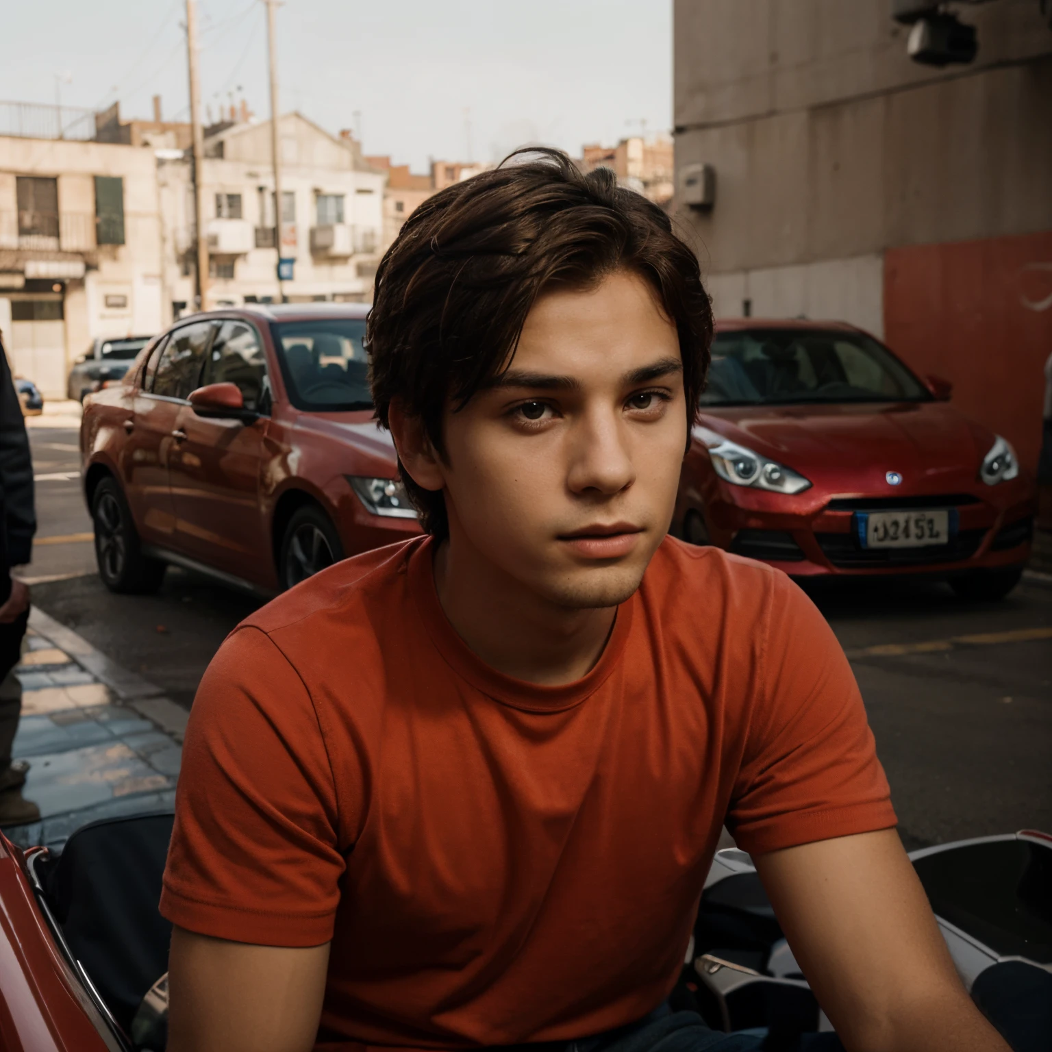 A boy with the a car drink Red futuris tic background realistic