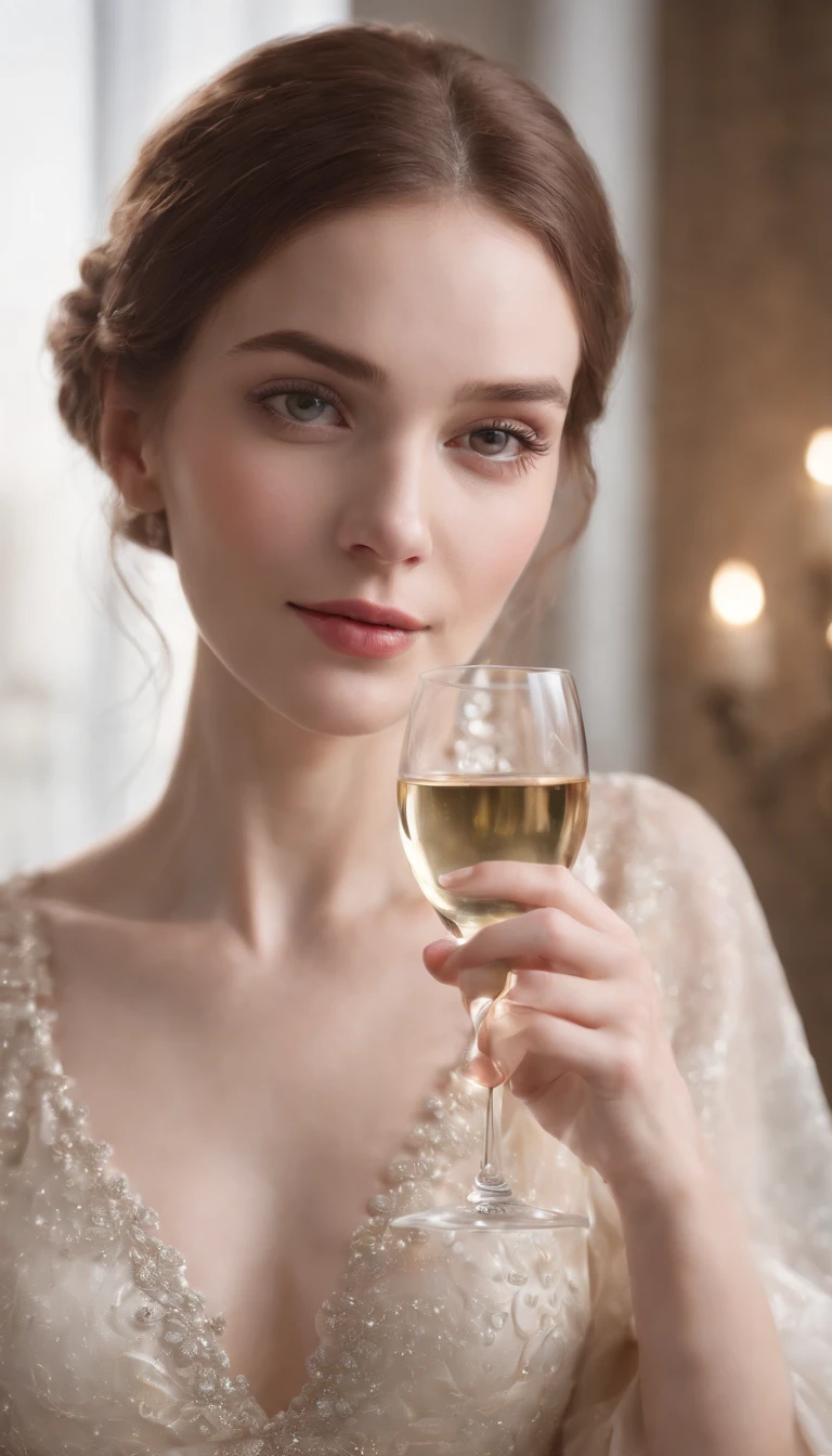 there is a woman holding a glass of wine in her hand, soft portrait shot 8 k, 8k artgerm bokeh, champagne commercial, ethereal beauty, soft flawless pale skin, porcelain pale skin, incredibly ethereal, pale glowing skin, drinking champagne, ethereal fairytale, 8k portrait render, soft ethereal lighting, close up portrait shot, close up portrait