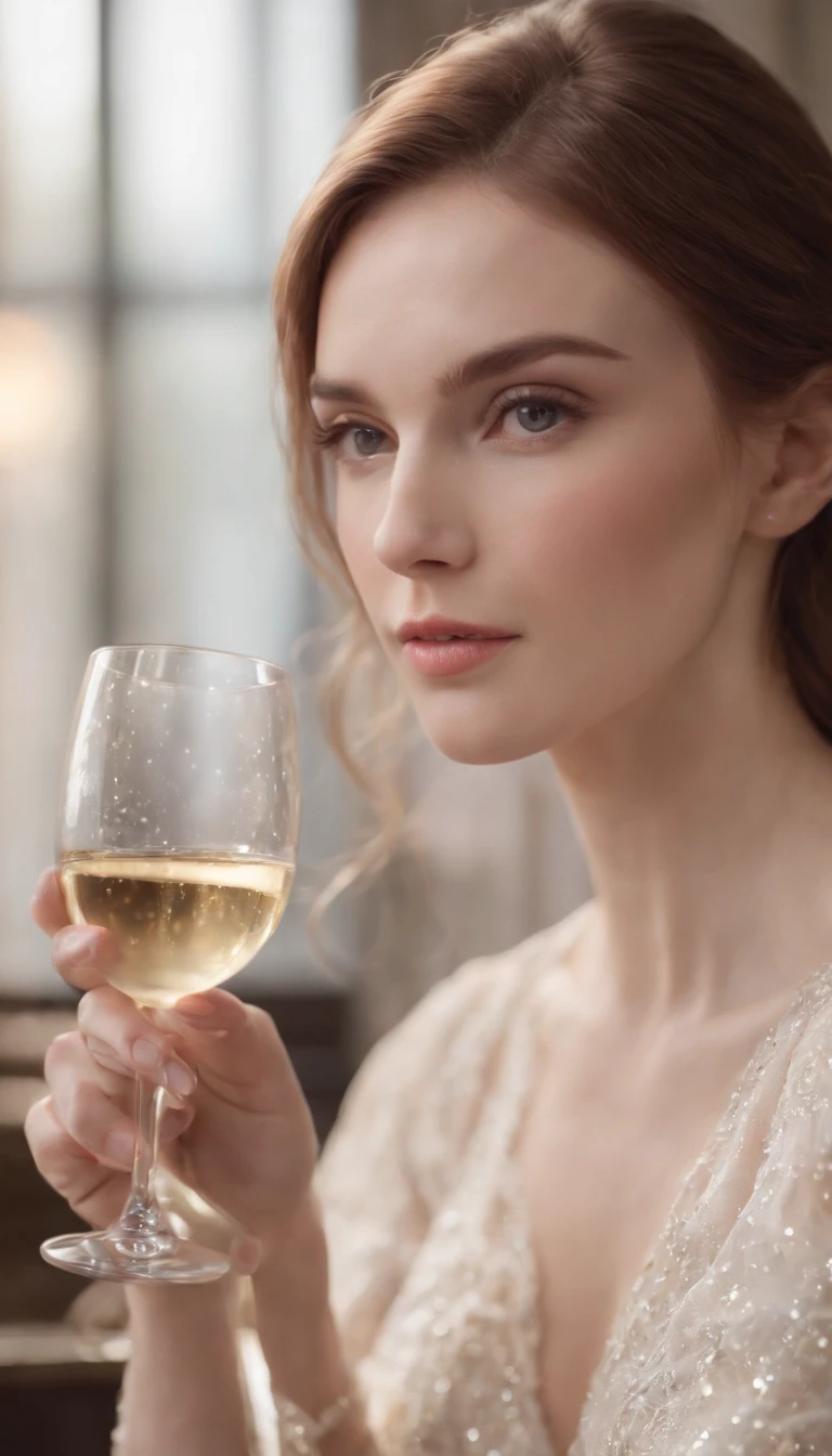 there is a woman holding a glass of wine in her hand, soft portrait shot 8 k, 8k artgerm bokeh, champagne commercial, ethereal beauty, soft flawless pale skin, porcelain pale skin, incredibly ethereal, pale glowing skin, drinking champagne, ethereal fairytale, 8k portrait render, soft ethereal lighting, close up portrait shot, close up portrait