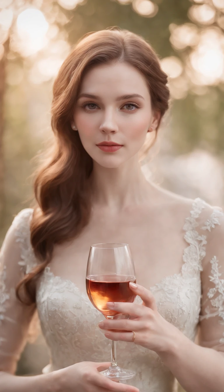 there is a woman holding a glass of wine in her hand, a photorealistic painting inspired by Vincent Lefevre, trending on cg society, rococo, soft portrait shot 8 k, 8k artgerm bokeh, champagne commercial, ethereal beauty, soft flawless pale skin, porcelain pale skin, incredibly ethereal, pale glowing skin, drinking champagne, ethereal fairytale