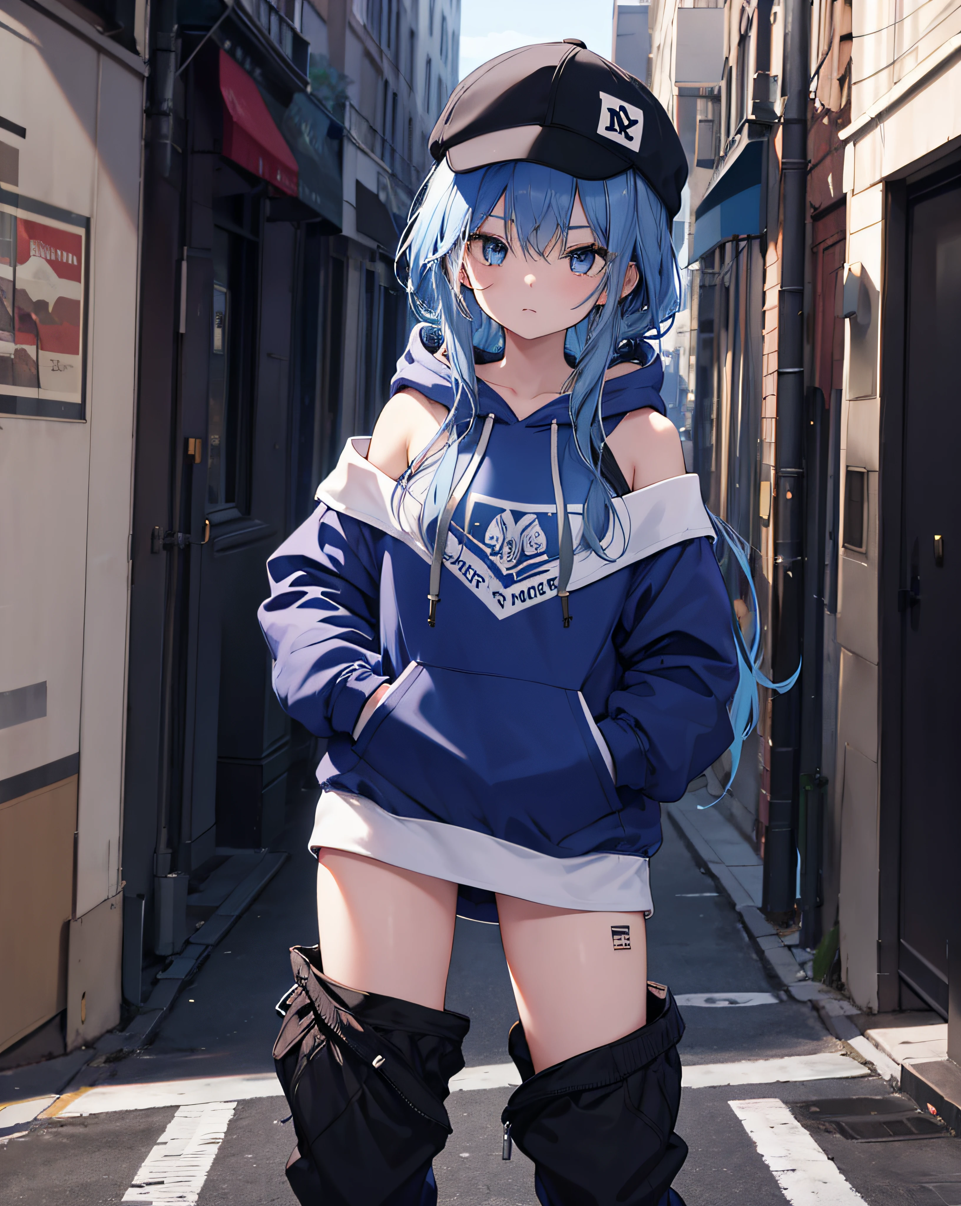 masterpiece,1girl,solo,long hair,blue hair,hoodie,off shoulder:1.2, mob cap, street,hand on hip, hand in pocket,