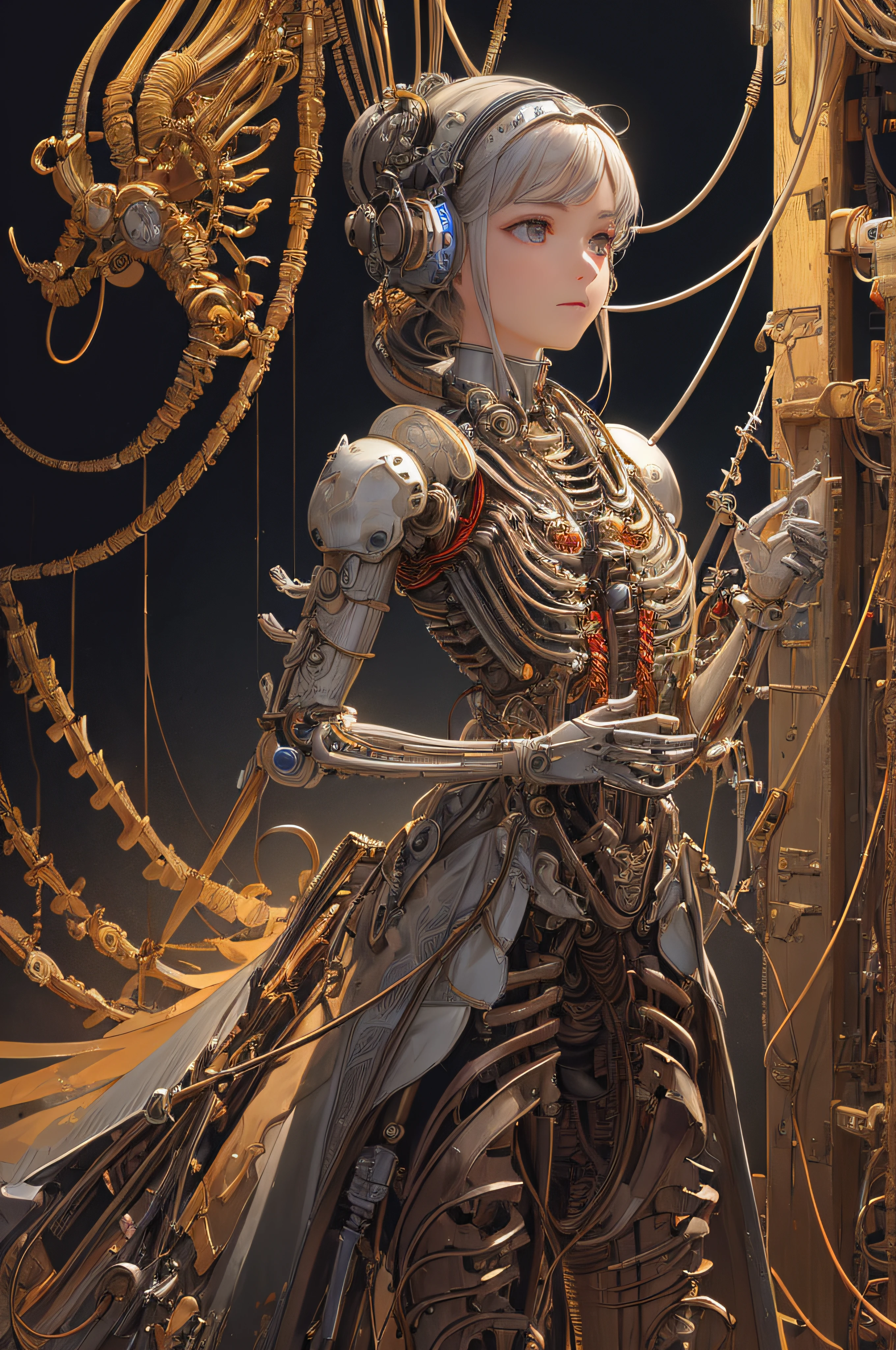 (((masterpiece))), (((best quality))), ((ultra-detailed)), (highly detailed CG illustration), ((an extremely delicate and beautiful)),(from side),cinematic light,((1mechanical girl)),solo,full body,(machine made joints:1.2),((machanical limbs)),(blood vessels connected to tubes),(mechanical vertebra attaching to back),((mechanical cervial attaching to neck)),(sitting),expressionless,(wires and cables attaching to neck:1.2),(wires and cables on head:1.2)(character focus),science fiction,extreme detailed,colorful,highest detailed