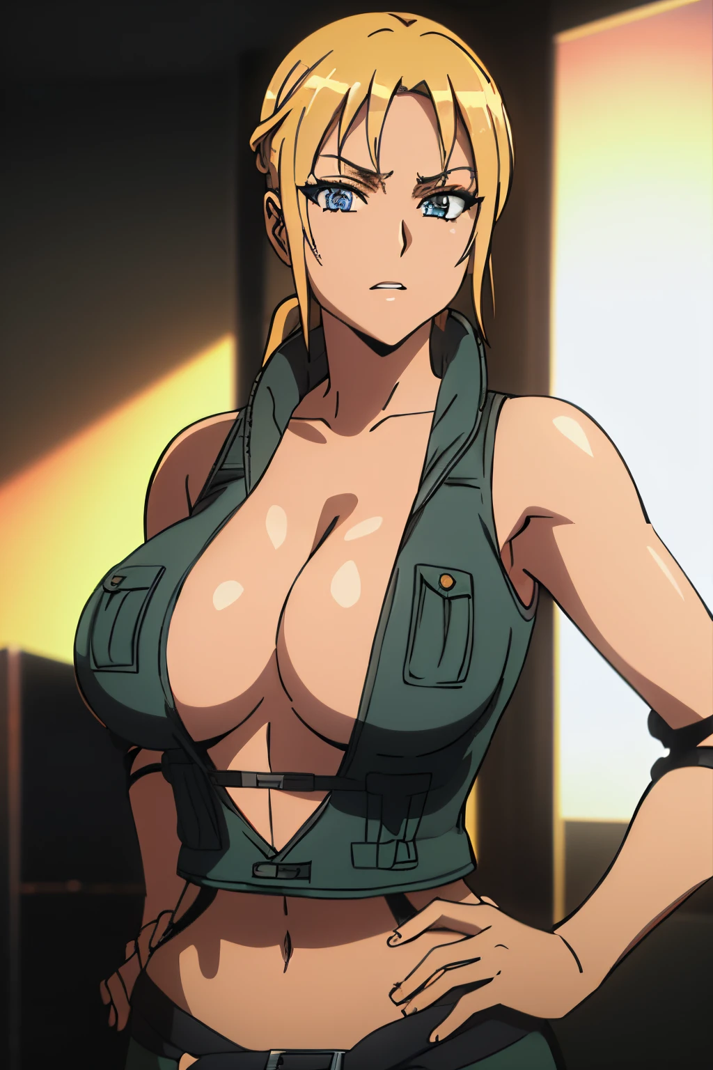 8k, best quality, real picture, intricate details, ultra-detailed, ultra highres, depth field, ,masterpiece  sonyablade, european woman, cleavage, wearing a jacket, hand on hips, huge breasts,crop top, blue eyes, blonde hair, blue eyes, sleeveless, solo, sun, blue sky,upper body, leather pants, best quality, (intricate details:1.2), (delicate detailed), (cinematic light), clear line, sharp focus, detailed face unity 8k wallpaper, ultra high res, looking at viewer, v