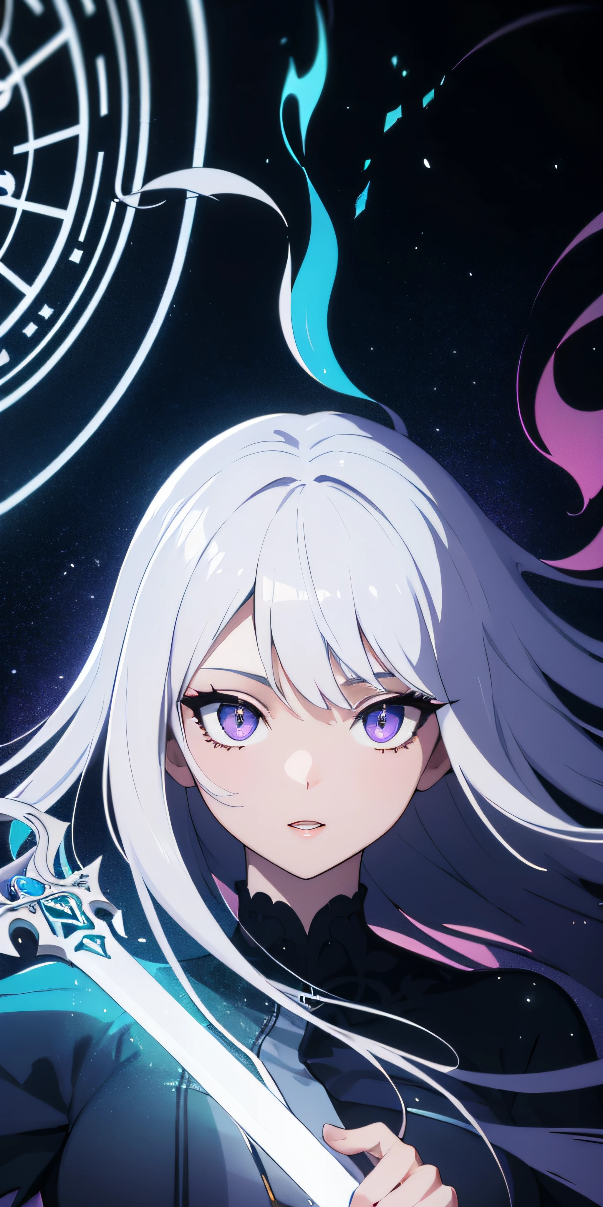masutepiece, Best Quality, (the Extremely Detailed CG Unity 8K Wallpapers, masutepiece, Best Quality, Ultra-detailed, Best Shadow), (Detailed background), (beautifull detailed face, Beautiful detailed eyes), High contrast, (Best Illumination, extremely delicate and beautiful),1girl in,((colourful paint splashes on transparent background, dulux,)), ((Caustic)), Dynamic Angle,Beautiful detailed glow,Full body, Cowboy Shot, Colorful, 1girl in, White hair, Purple eyes, dual-wielding, Sword, holding swords, blue flames, Glow, glowing weapons, light Particle, Wallpaper, chromatic abberation, (Detailed background,Dark Fantasy), (beautifull detailed face), High contrast, (Best Illumination, extremely delicate and beautiful), ((Cinematic Light)), Colorful, Hyper Detail, Dramatic light, Intricate details, depth of fields,Black light particles,(Broken glass),Magic Circle,