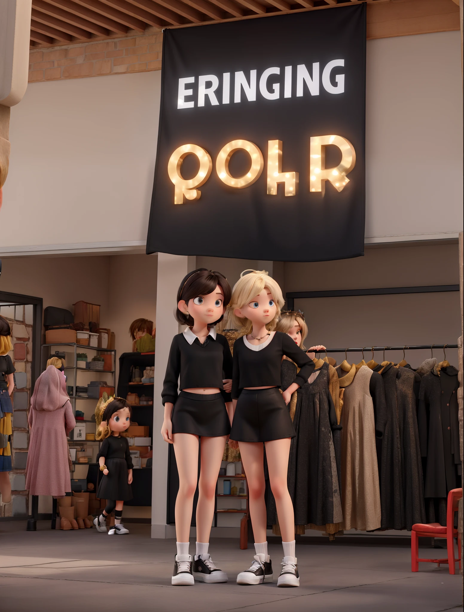 Two girls both wearing black. The one of the left is blonde with pale skin wearing a black long sleeved crop top and a black mini skirt with white converse. The one on the right has brunette shoulder length hair wearing a black dress and white converse with a gold crown on her head.