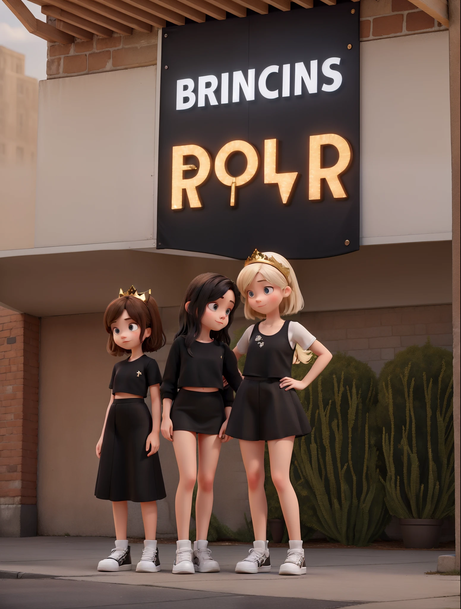 Two girls both wearing black. The one of the left is blonde with pale skin wearing a black long sleeved crop top and a black mini skirt with white converse. The one on the right has brunette shoulder length hair wearing a black dress and white converse with a gold crown on her head.