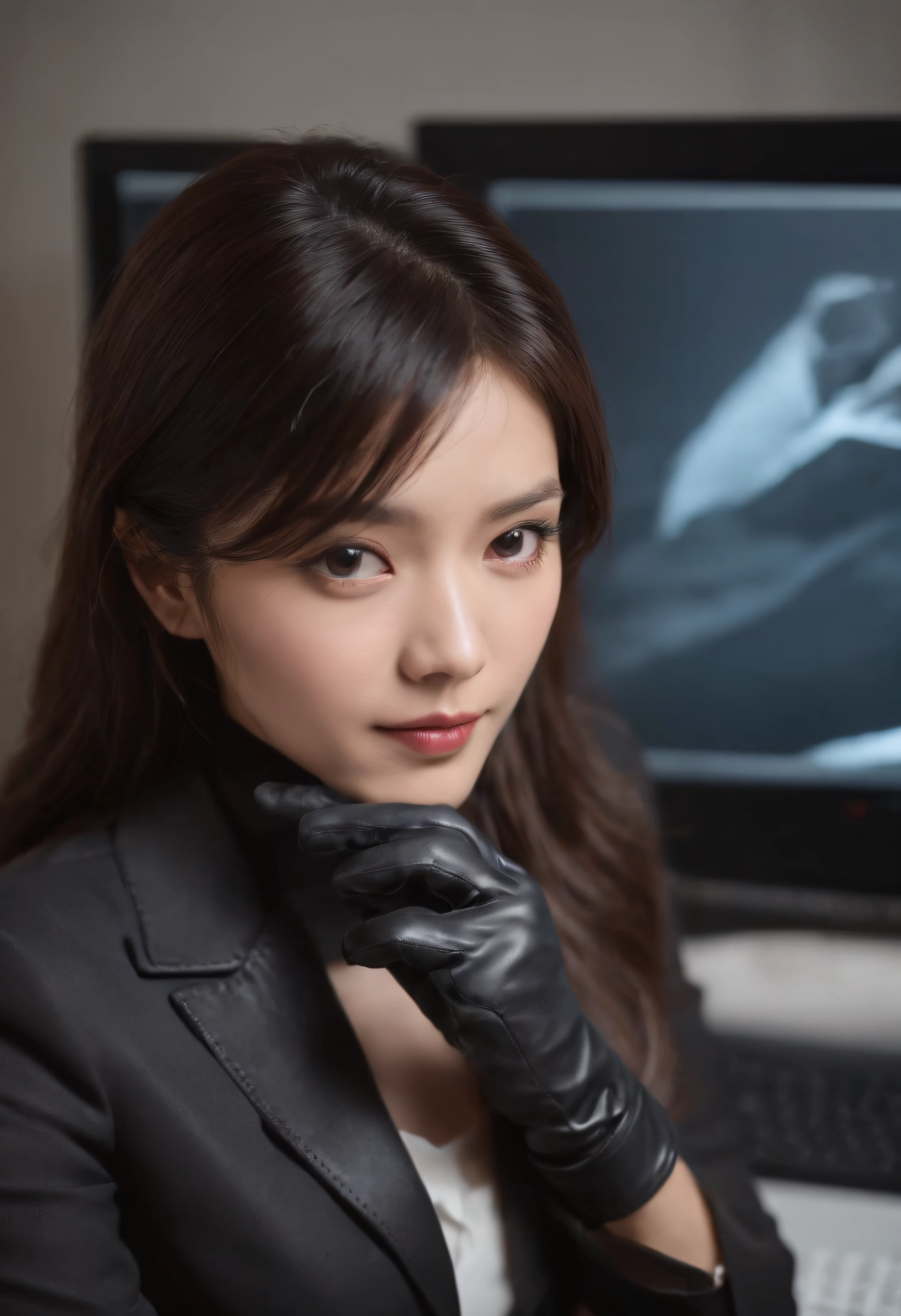 The upper body is covered with black leather gloves up to the fingertips of both hands. Black Recruitment Suit. Facing the desk in my room with a computer in the dark, Operate the computer keyboard while looking at the screen with the fingertips of black leather gloves. Black hair was tied back for a long time. Look here, Very cute Japan female new employee (The angle is　Front view)