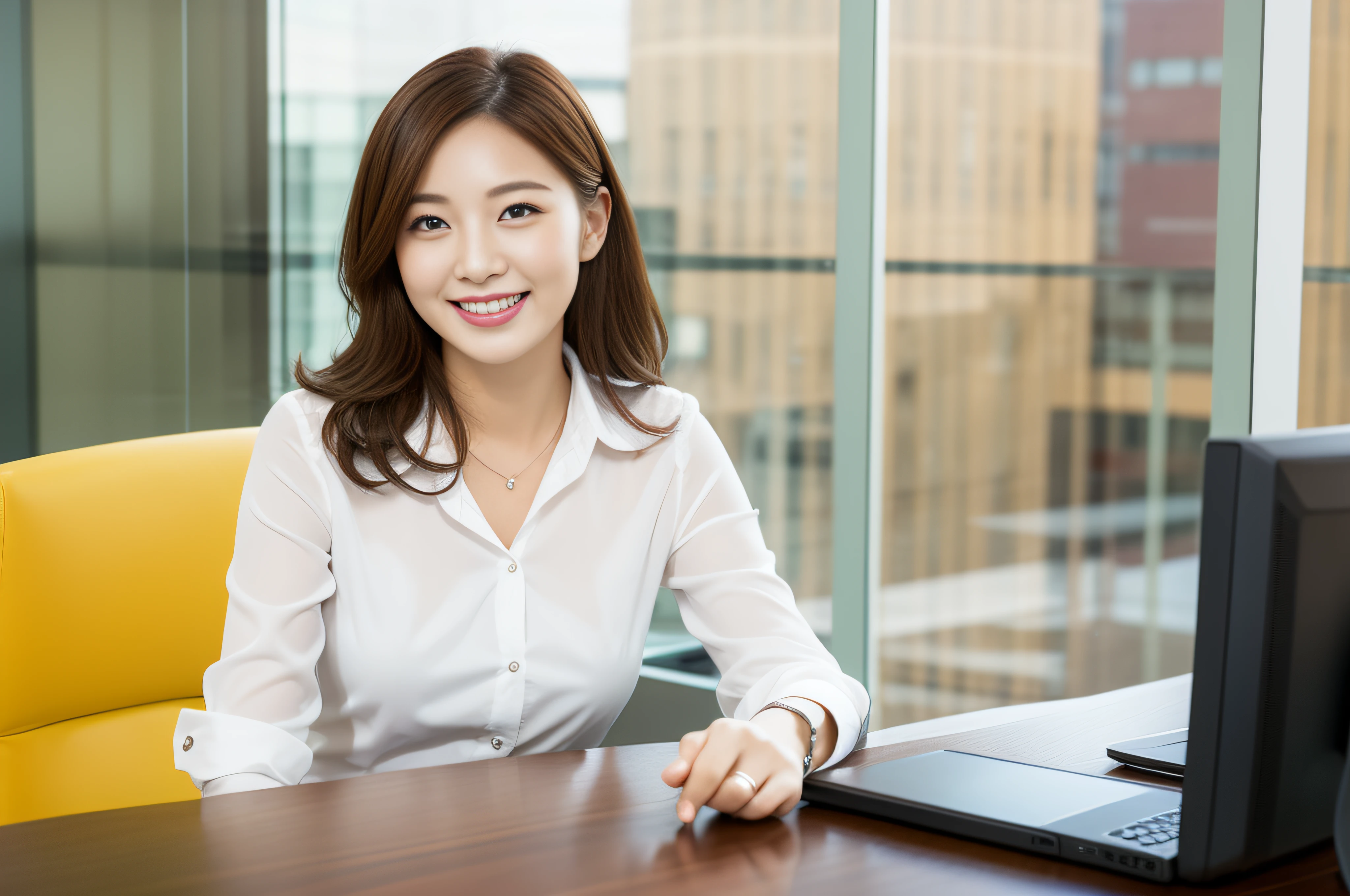 ((Best Quality, 8k, Masterpiece, Portrait: 1.3)), (looking at viewer), (full shot:0.85), attractive business 3 milfs, 3 people, white collared shirt, grey skirt, (big pelvis:0.3), (sitting with cross legs on office desks)), smile:0.2, office of CEO,