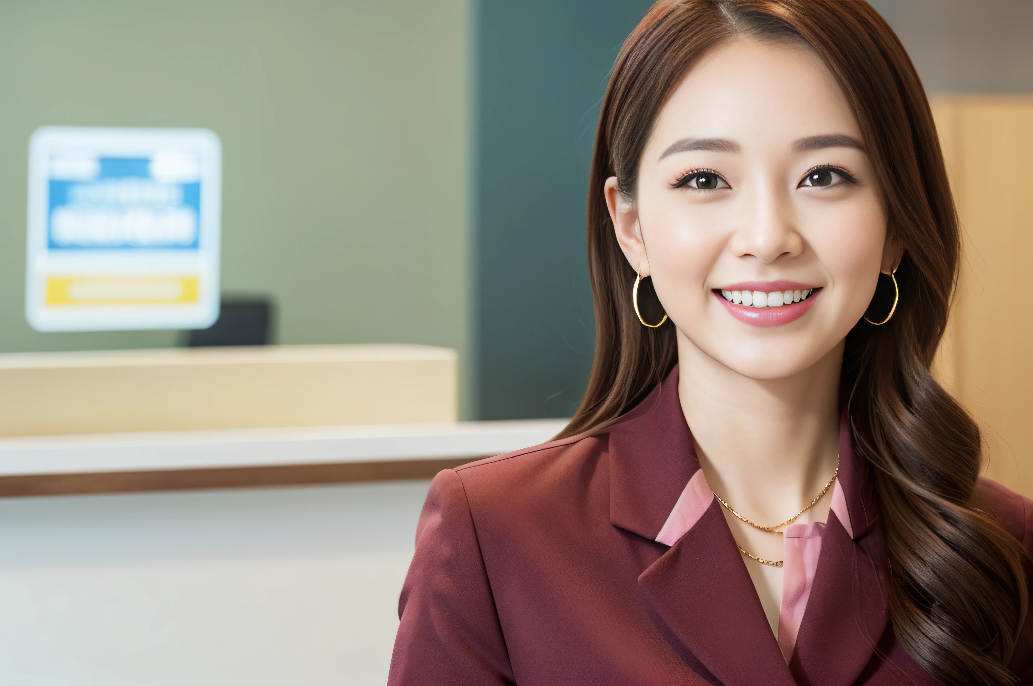 big company office, kind, beautiful, smile, small, half body, reception woman