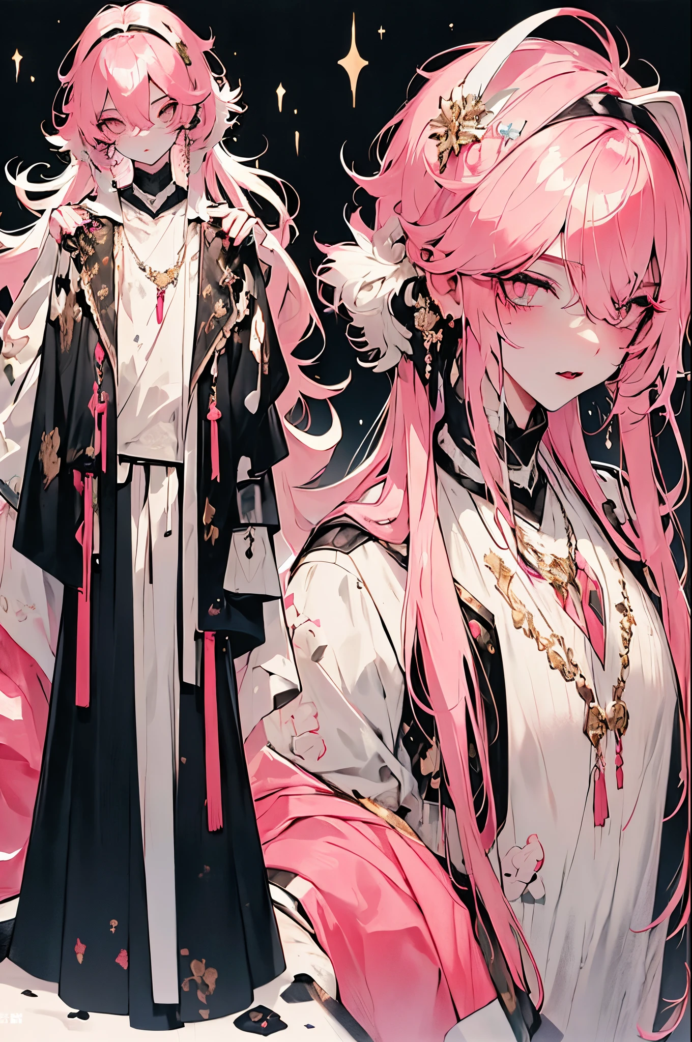 8K, masterpiece, best quality, ((1 boy)), solo, white dull eyes, short pale pink fluffy hair, long side lock hair, cute face, noble clothes, expressionless, long eye lashes, pink lip