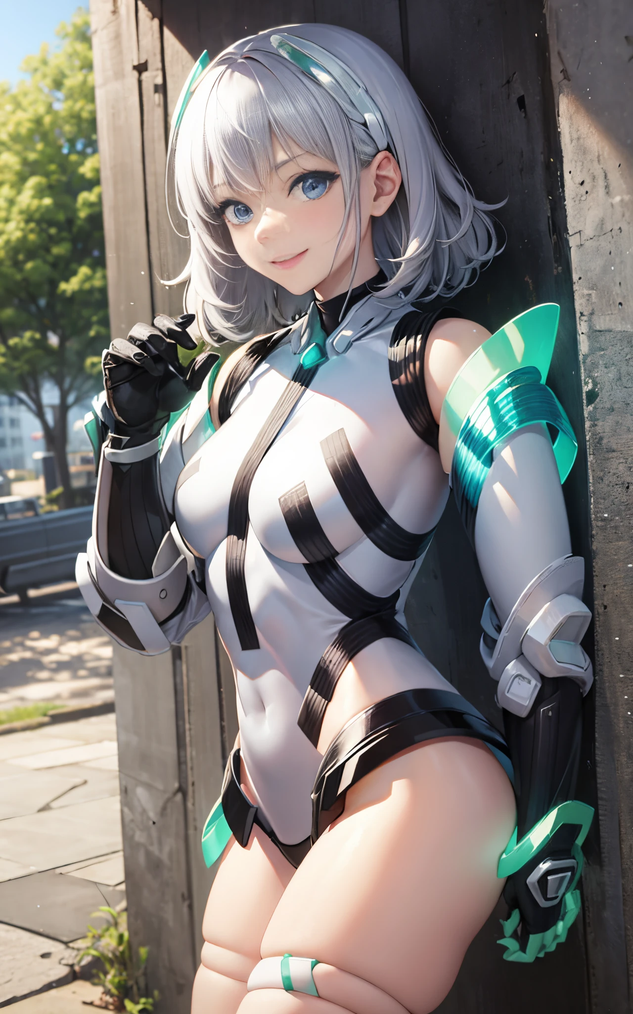 lightsmile, deva battle suit, Outdoors, Silver hair, bobhair, Blue eyes, waist shot