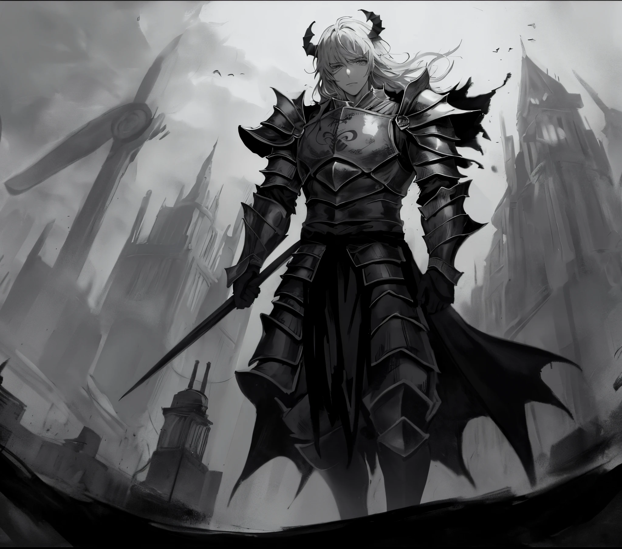 guy with demon armour #anime #black and white # manga