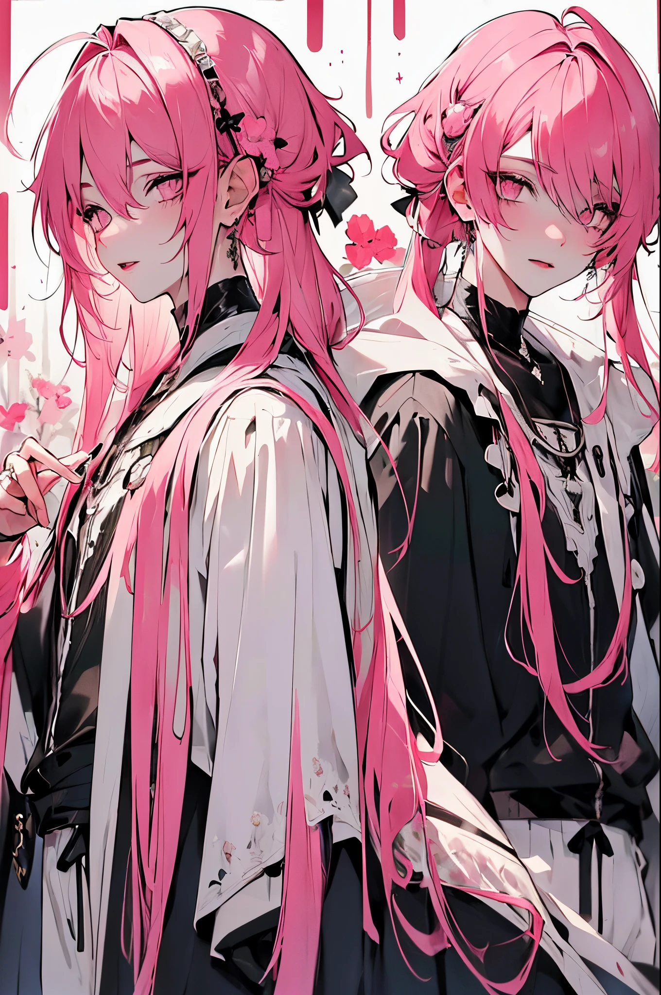 8K, masterpiece, best quality, night, ((1 boy)), solo, white dull eyes, short pink fluffy hair, long side lock hair, cute face, noble clothes, expressionless, long eye lashes, pink lip