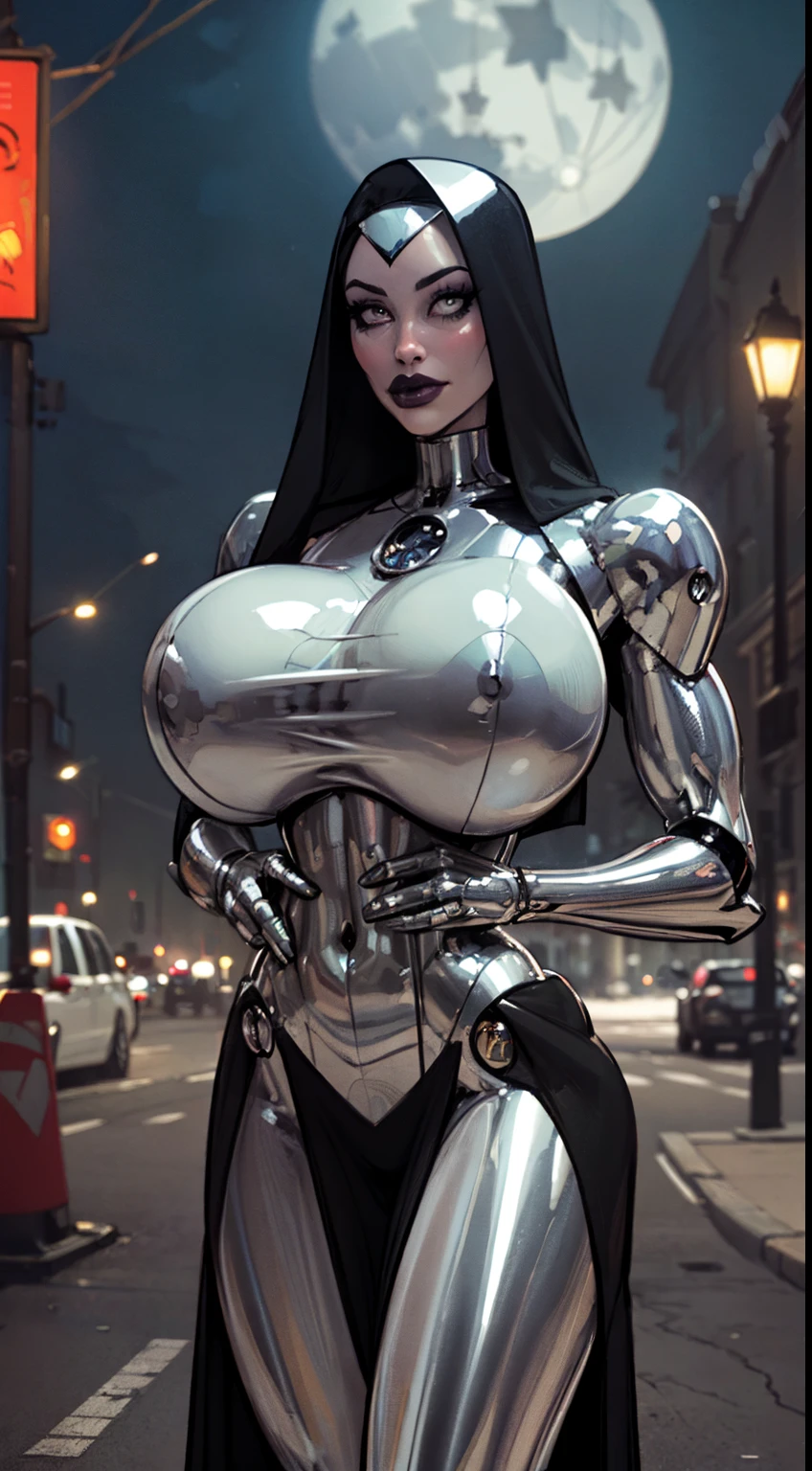 ((Cowboy shot:1.4)) 1 Same Girl , Perfect Beautiful , robot Face ,(chrome skin:1.1), (silver arms, silver face, silver legs) ((android woman)),( metallic android , long Hair , Black Gothic Nun Dress , Athletic Body , ((gigantic breasts:1.2)) ((metallic legs:1.2)), Extreme Detailed Portrait With Bokeh Effect , Realistic Lighting , Night Street View , Dark Vibe , Crowd , Gothic Makeup , Gothic Tattoo , Posing Like a Model , Look at Viewer, cool lighting, blue street lamp light((moonlight ambiance light:1.0))
