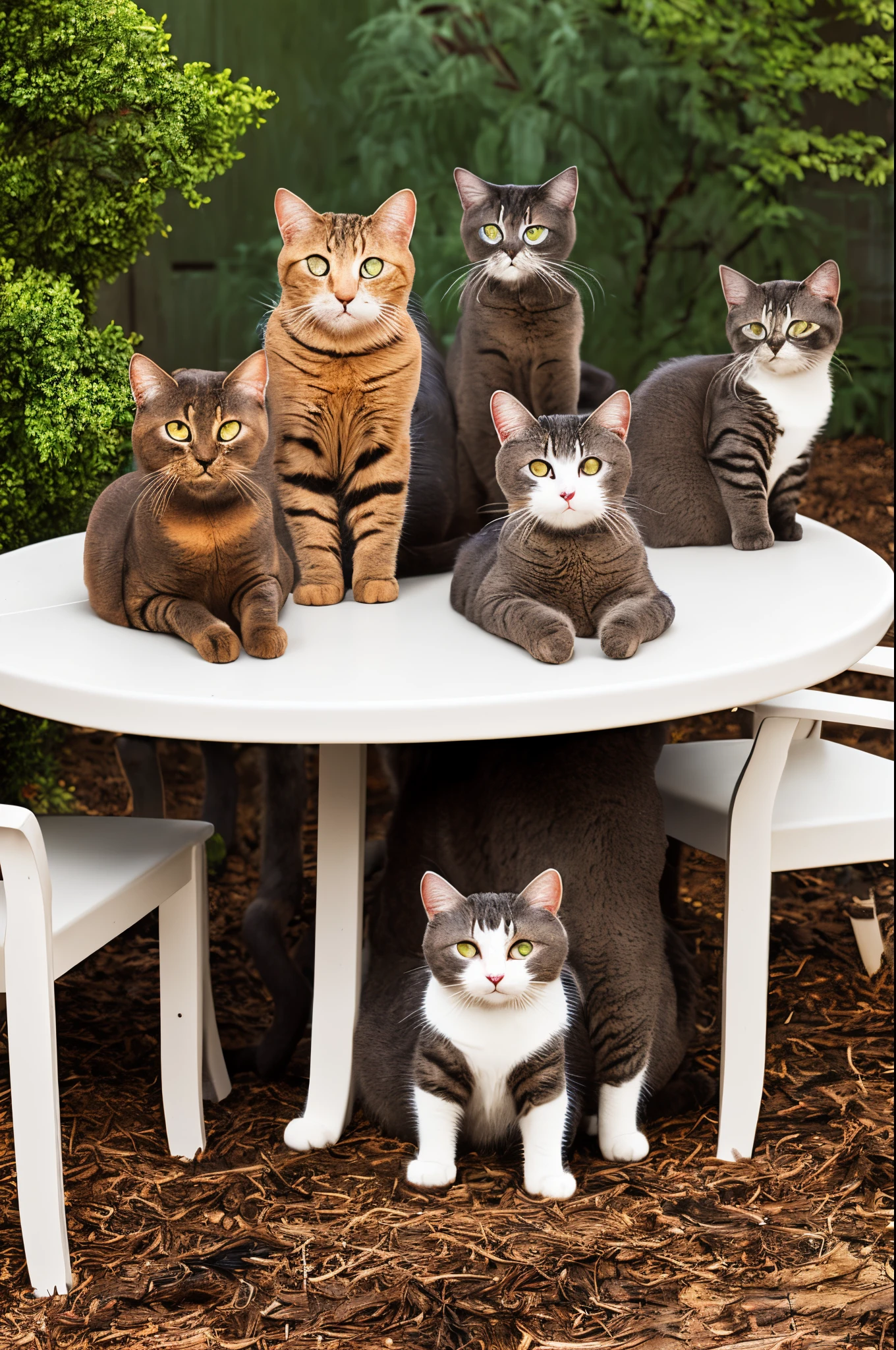 Cats sitting around a table with mulch on the table