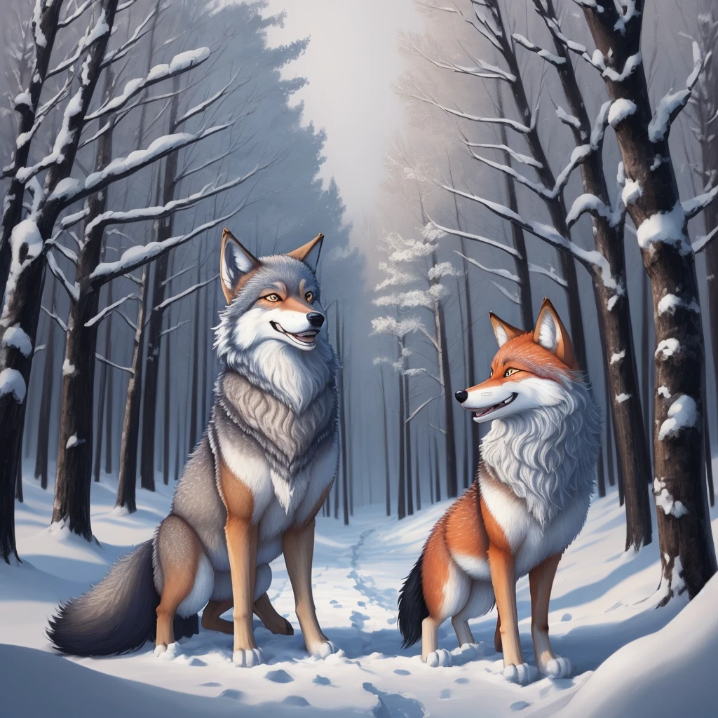 a happy wolf and fox in a snowy forest cartoon