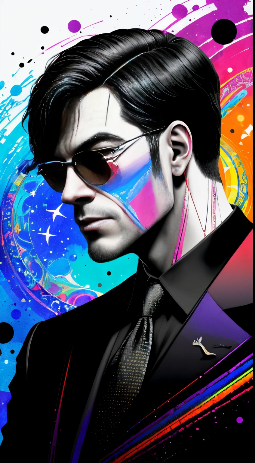 in the style of 0mib，T-shirt design,Side portrait of a handsome man，Colorful，Prismatic fragments，Doodle lines，Reflect fractal circles，ink spatter，Melted brushstrokes，particles vortex，dramatic  lighting，high high quality， Beautiful，tmasterpiece