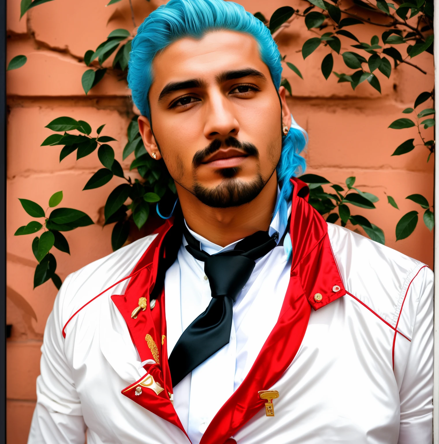 arafed man with blue hair, White shirt with a black and white tie, White shirt with a black and white tie and a tie standing in front of a brick wall, profile shot, enes dirig, avan jogia angel, arian mark, wearing red jacket, handsome prince of persia, singer maluma, cool red jacket, handsome man, lucas graziano, inspired by Osman Hamdi Bey, by Zahari Zograf, side profile shot