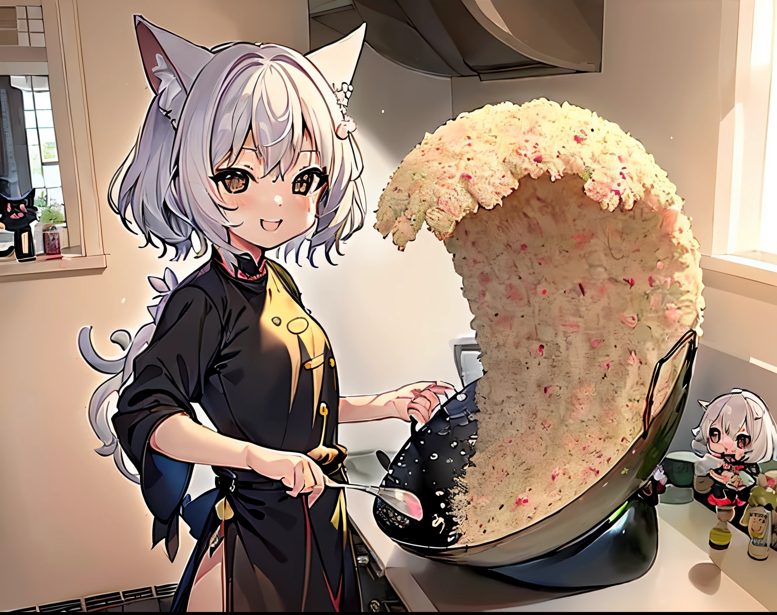 (top-quality、​masterpiece)、Rice Wave、(1 Chibi Loli Cat Girl、独奏、cooking a、is standing、see the beholder、white  hair、Black eyes、Cute smile、The upper part of the body)、(kitchin、pans、hera)