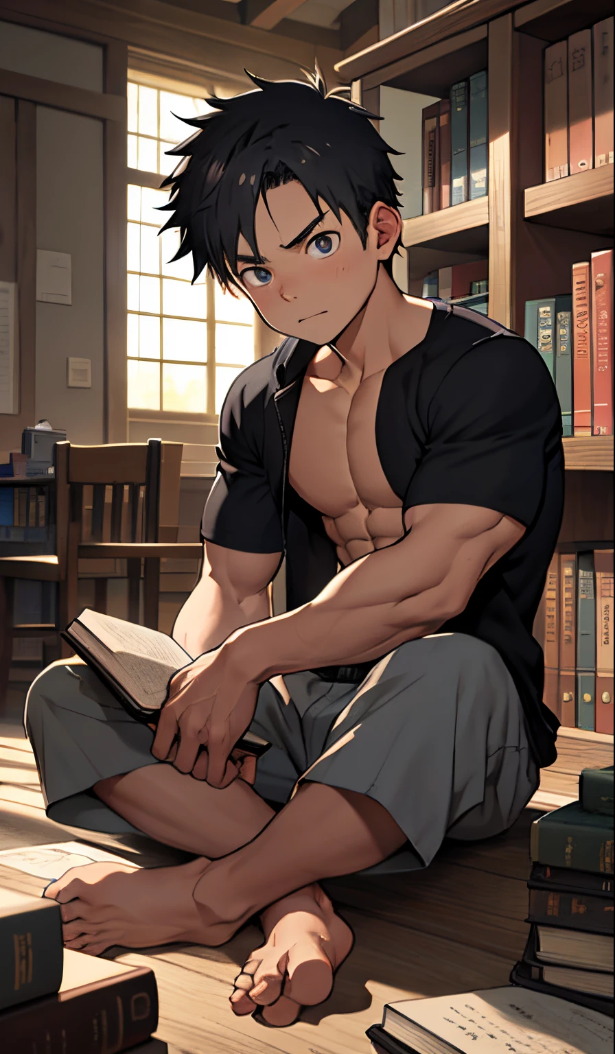 (masutepiece, Best Quality),1boy,(e boy,childd,Boy's face),a baby face,ideface,Boy sitting in library,infancy,young age,short round face,Flat chin,finely detaild face,Gray shorts,well-muscled,short-hair,radiant eyes,opens his eyes wide,with an intricate,full body Esbian,nakeness,Abs pectoral muscles,vivd colour,(depth of fields:1.2),(Abs),read a book,Full body portrait with serious expression