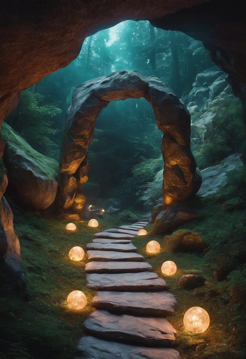 View of the path leading to the garden with large rocks, Crystals shining on the ground, glowing stones in the cave, Floating magic rocks, enchanting and otherworldly, shining sphere of light, Colorful and magical crystal bridge, magical landscape, ( visually stunning, shining crystals, Healing Pod, Luminescent Sparkling Crystal, Magic Stone Portal in the Forest, Crystals illuminate the scene