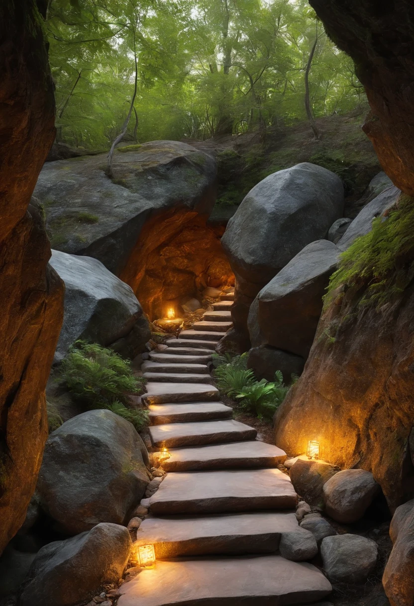 View of the path leading to the garden with large rocks, Crystals shining on the ground, glowing stones in the cave, Floating magic rocks, enchanting and otherworldly, shining sphere of light, Colorful and magical crystal bridge, magical landscape, ( visually stunning, shining crystals, Healing Pod, Luminescent Sparkling Crystal, Magic Stone Portal in the Forest, Crystals illuminate the scene