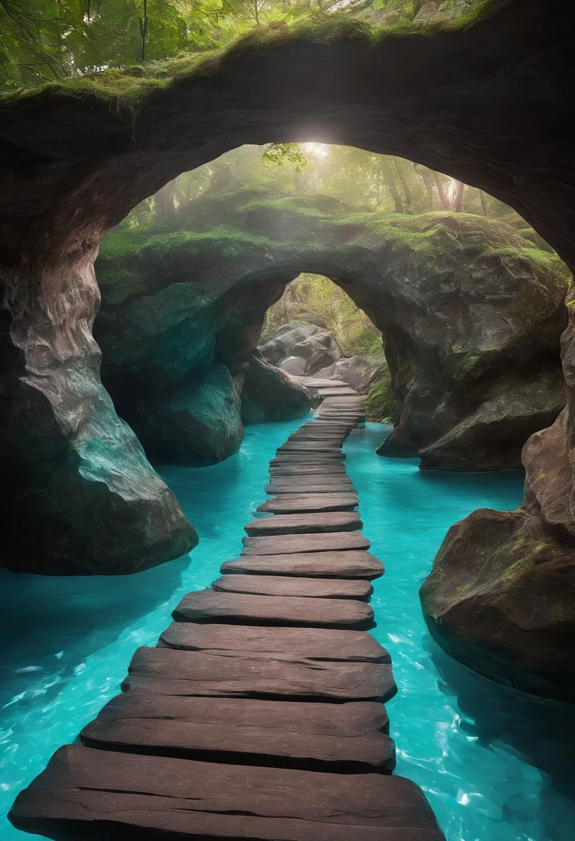 View of the path leading to the garden with large rocks, Crystals shining on the ground, glowing stones in the cave, Floating magic rocks, enchanting and otherworldly, shining sphere of light, Colorful and magical crystal bridge, magical landscape, ( visually stunning, shining crystals, Healing Pod, Luminescent Sparkling Crystal, Magic Stone Portal in the Forest, Crystals illuminate the scene