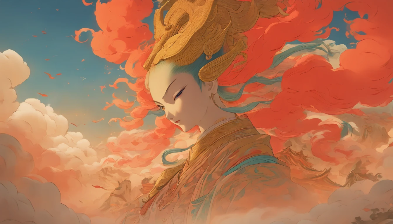 filmposter，has six legs，There are no ears, eyes, nose or mouth，The body exudes a red light。The Art of Endurance，smoke clouds，eventide，Dunhuang art，black and gold，2D，low  angle shot，very imaginative，Epic。