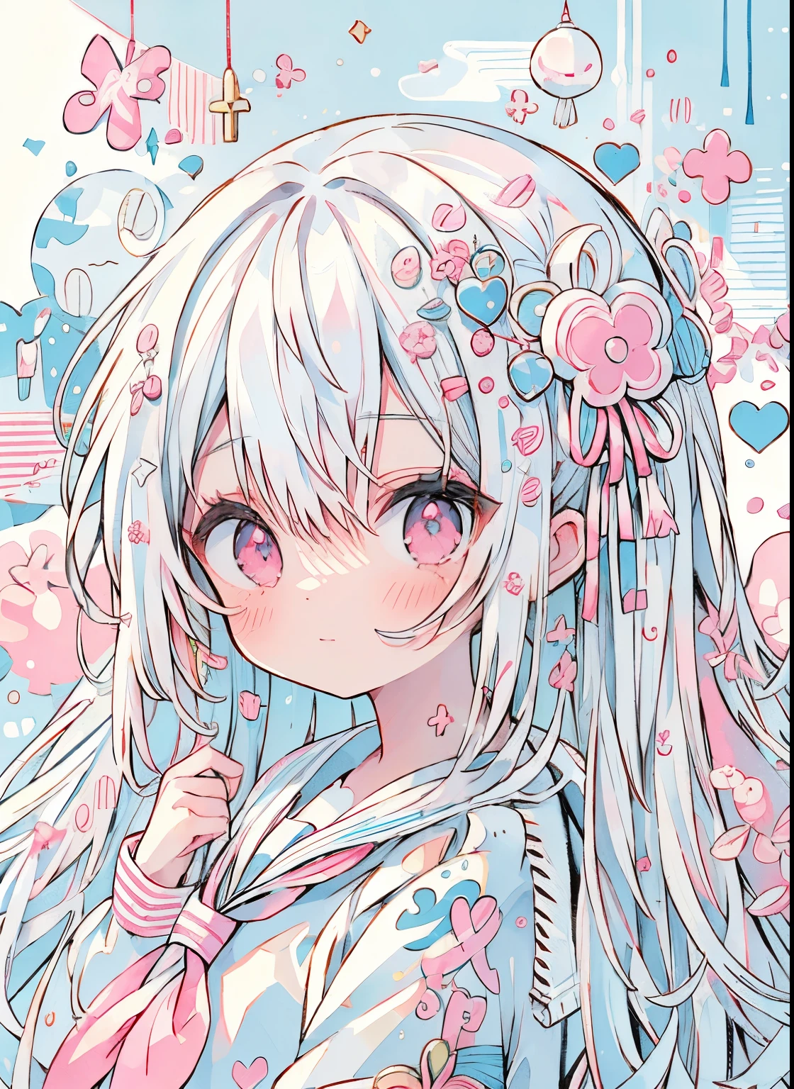 absurderes, hight resolution, (Anime style:1.1), ((masutepiece)), ((Best Quality)), (Ultra-detailed), (Beautiful), 独奏, Beautiful face、e litWind,White hair、Hair long、Long、Pink eyes、Hair flutters in the wind、White sailor suit、Light blue tie、cute light blue skirt、(masutepiece、masutepiece、8K)Floating in the air(angelicales、Angel wings)(((angelicales)))(((a sailor suit)))