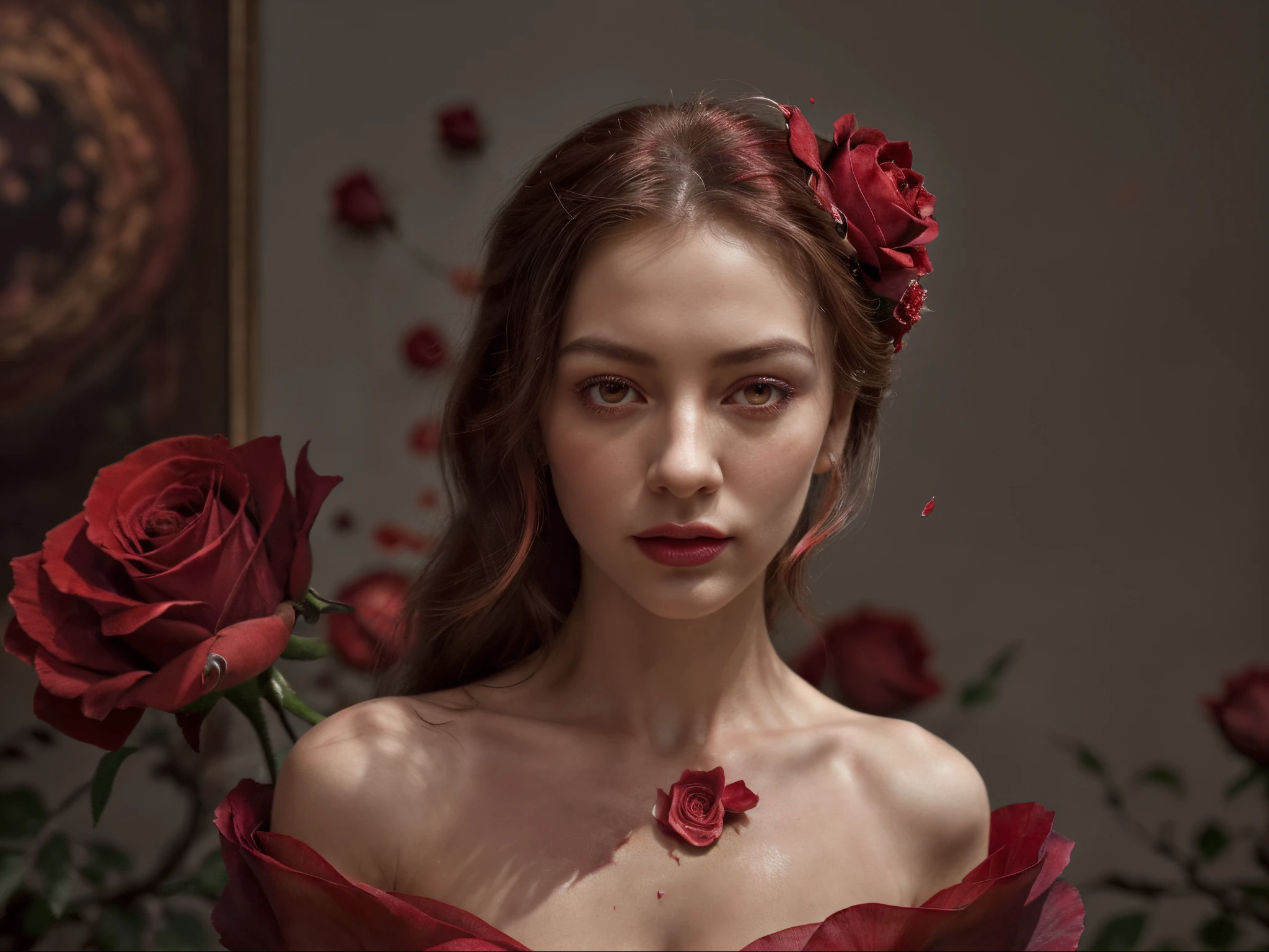 A richly saturated crimson hue dominates this artwork, evoking feelings of passion and intensity. The main subject is a single red rose, delicately in bloom yet seemingly suspended in time. The image is a highly detailed, hyper-realistic painting, capturing each velvety petal and thorny stem with astounding precision. The vibrant red color is further enhanced by the subtle play of light and shadow, lending an air of depth and richness to the overall composition. This visually striking masterpiece exudes a sense of elegance and allure, captivating viewers with its meticulous attention to detail and the sheer beauty of nature's vibrant palette.