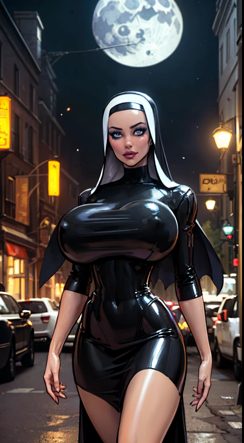 ((Cowboy shot:1.4)) 1 Same Girl , Perfect Beautiful , robot Face ,(chrome skin:1.1), (silver arms, silver face, silver legs) ((android woman)),( metallic android , long Hair , Black Gothic Nun Dress , Athletic Body , ((gigantic breasts:1.2)) ((metallic legs:1.2)), Extreme Detailed Portrait With Bokeh Effect , Realistic Lighting , Night Street View , Dark Vibe , Crowd , Gothic Makeup , Gothic Tattoo , Posing Like a Model , Look at Viewer, cool lighting, blue street lamp light((moonlight ambiance light:1.0))